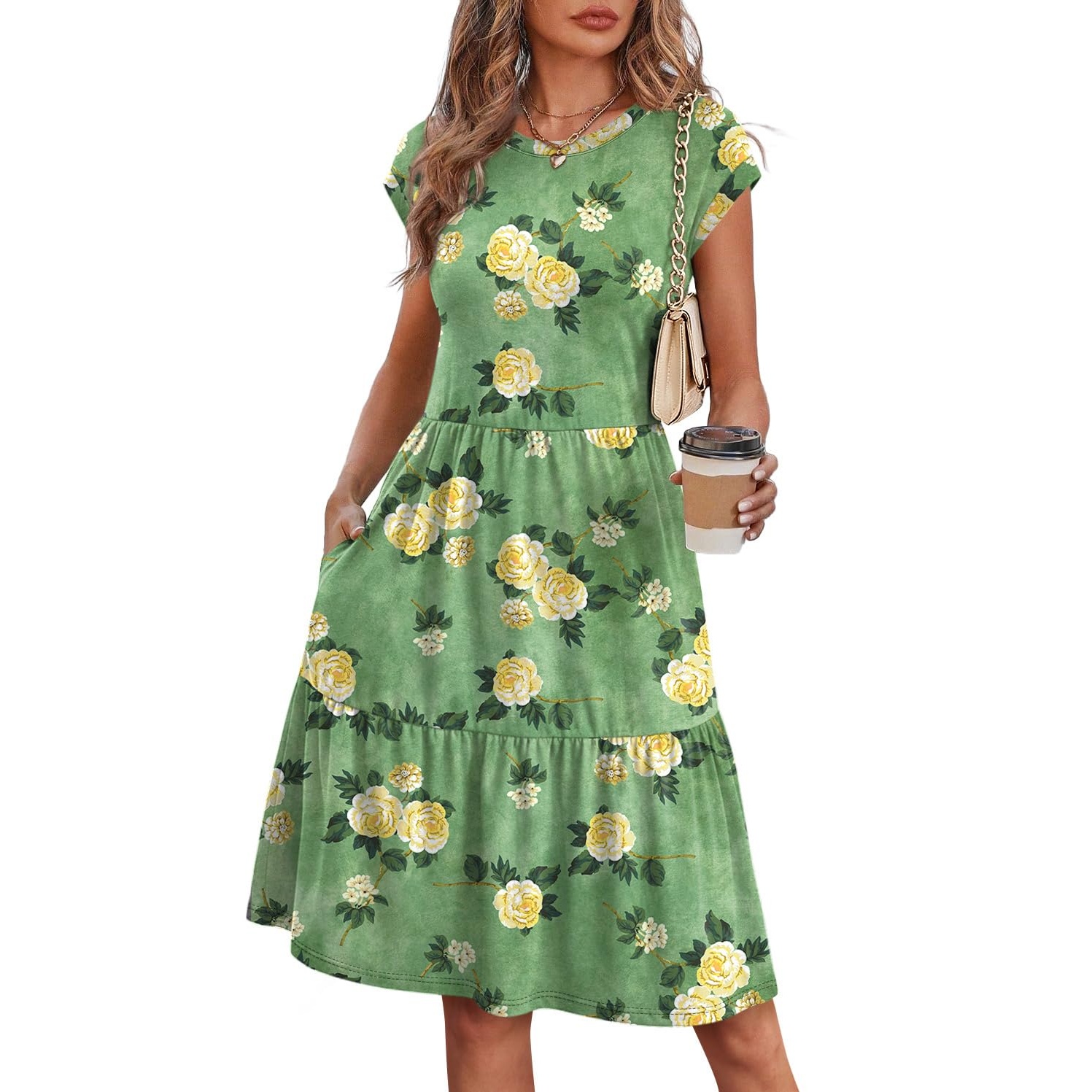 Casual Floral Printed Cap Sleeve Dress For Women