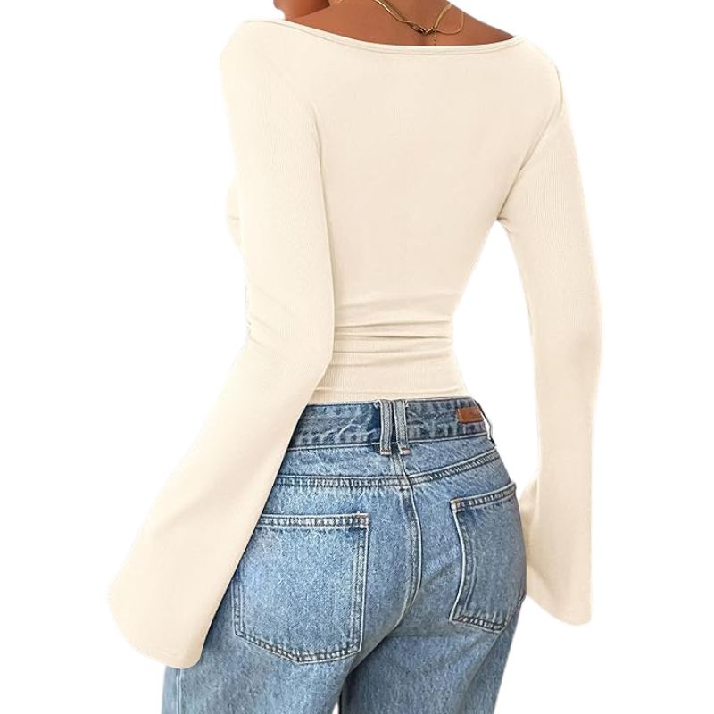 Womens Long Sleeve Shirts Tops Casual Boat Neck Bell Sleeve