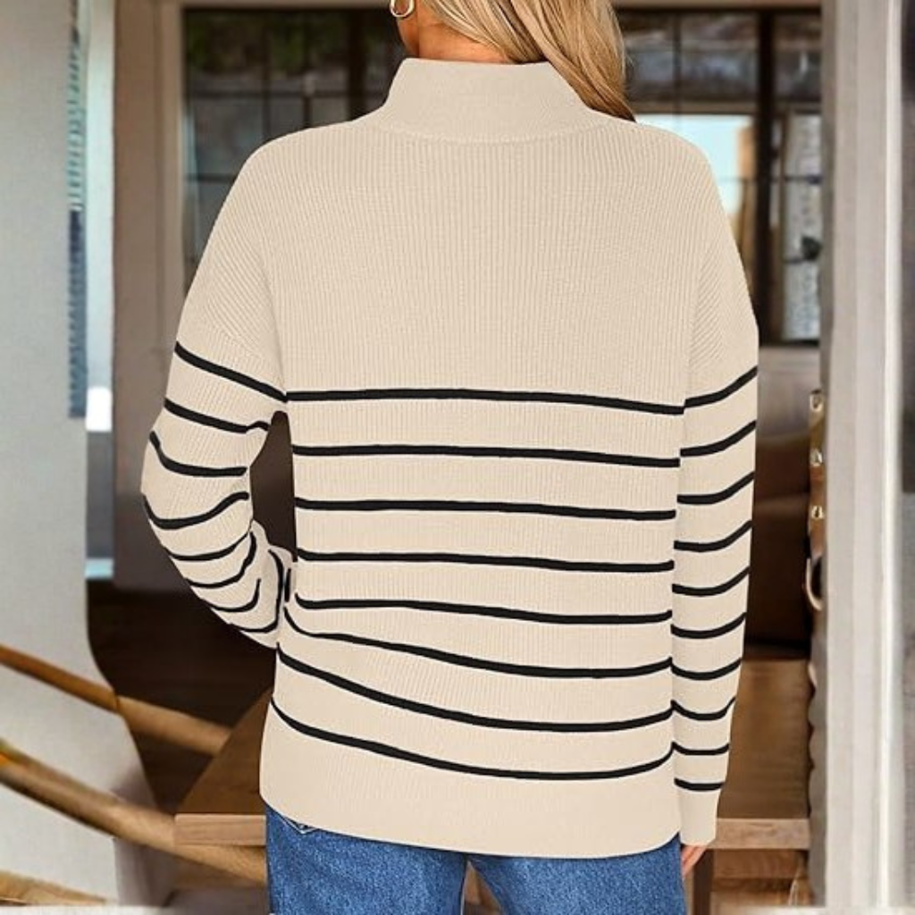 Quarter Zip Striped Design Oversized Sweater For Women