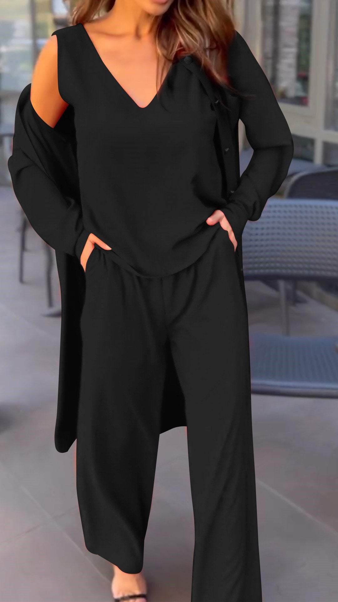 Plain Solid Color Three Piece Suit-Cozy Knit Sets