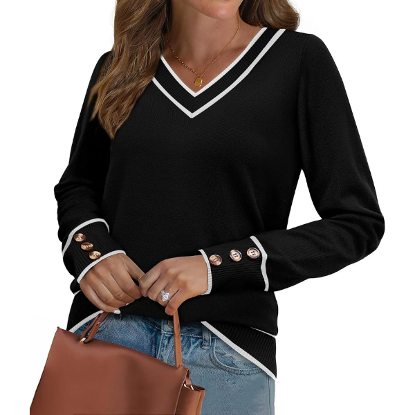 ightweight Sweaters for Women Long Sleeve V Neck Knit Outfits with Decorative Buttons