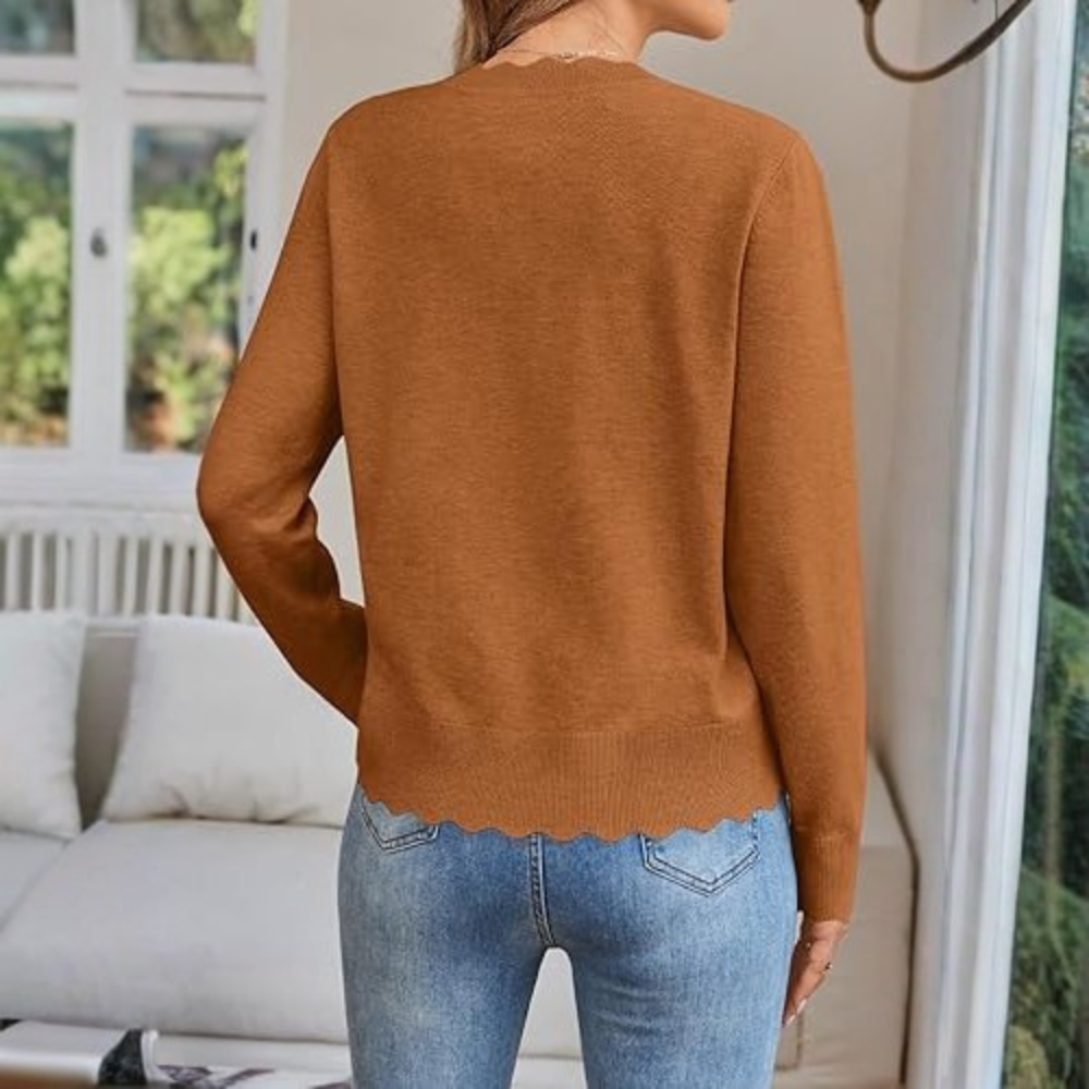 Lightweight Button Down Knit Cardigan With Scallop TrimLightweight Button Down Knit Cardigan With Scallop Trim - Image 17