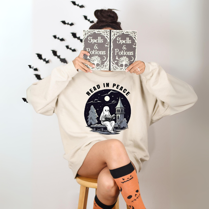 Halloween Read In Peace Printed Sweatshirt-Cozy Knit Sets