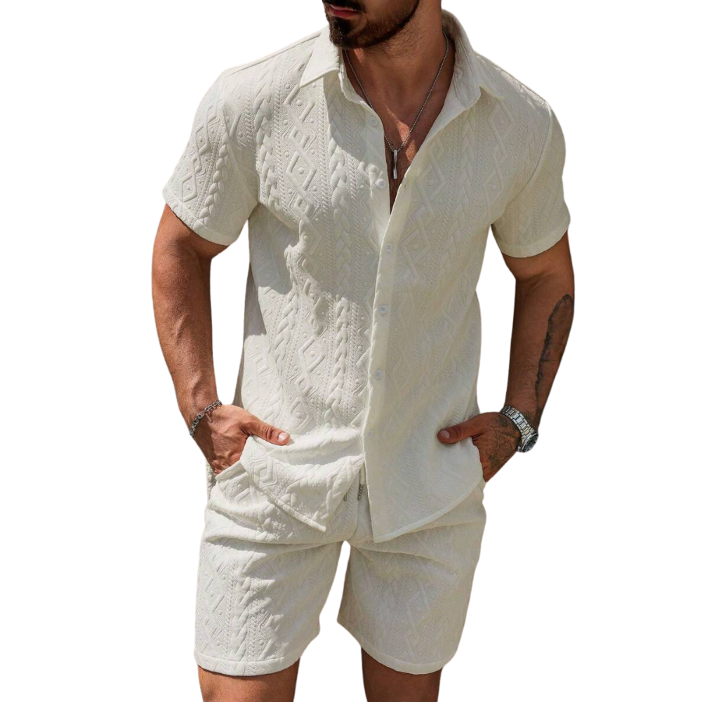 Men Casual Solid Color Textured Shirt And Shorts Set