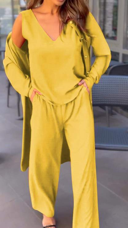 Plain Solid Color Three Piece Suit-Cozy Knit Sets