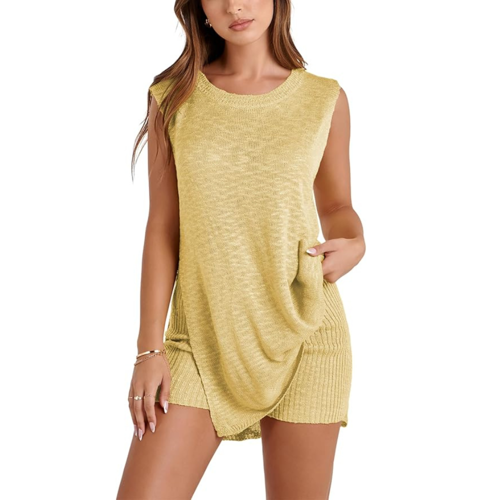 2 Piece Sleeveless Knit Pullover Top Matching Shorts 