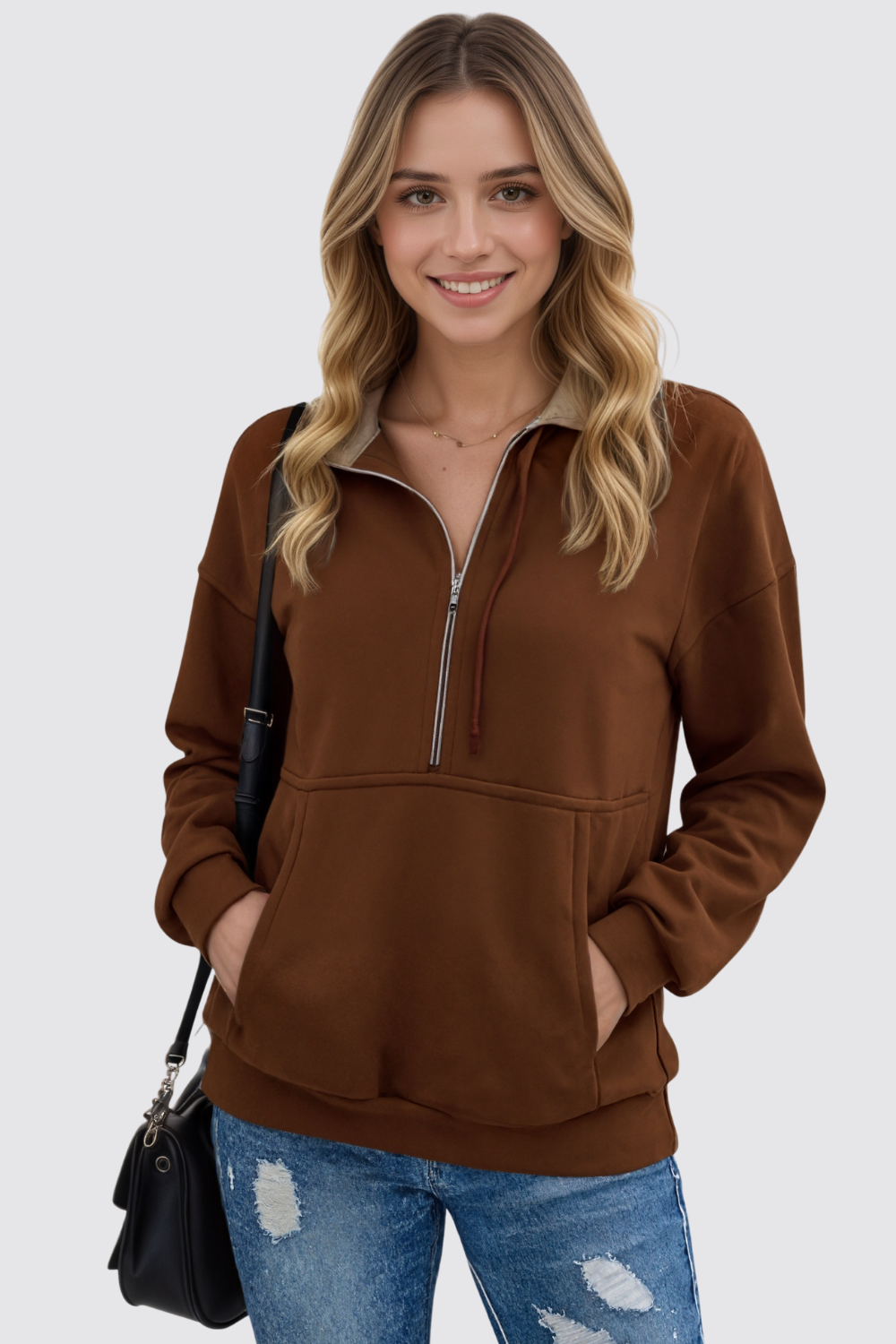 Casual Long Sleeve Lapel Zipper Drawstring Loose Pullover Sweatshirt