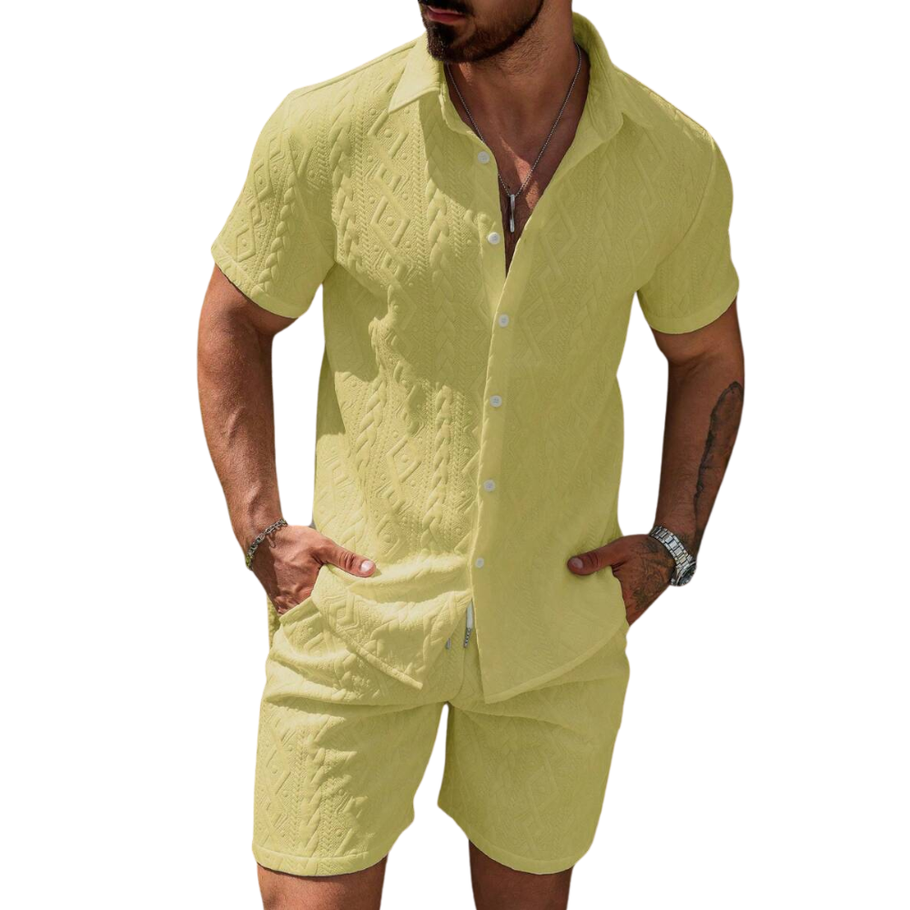 Men Casual Solid Color Textured Shirt And Shorts Set