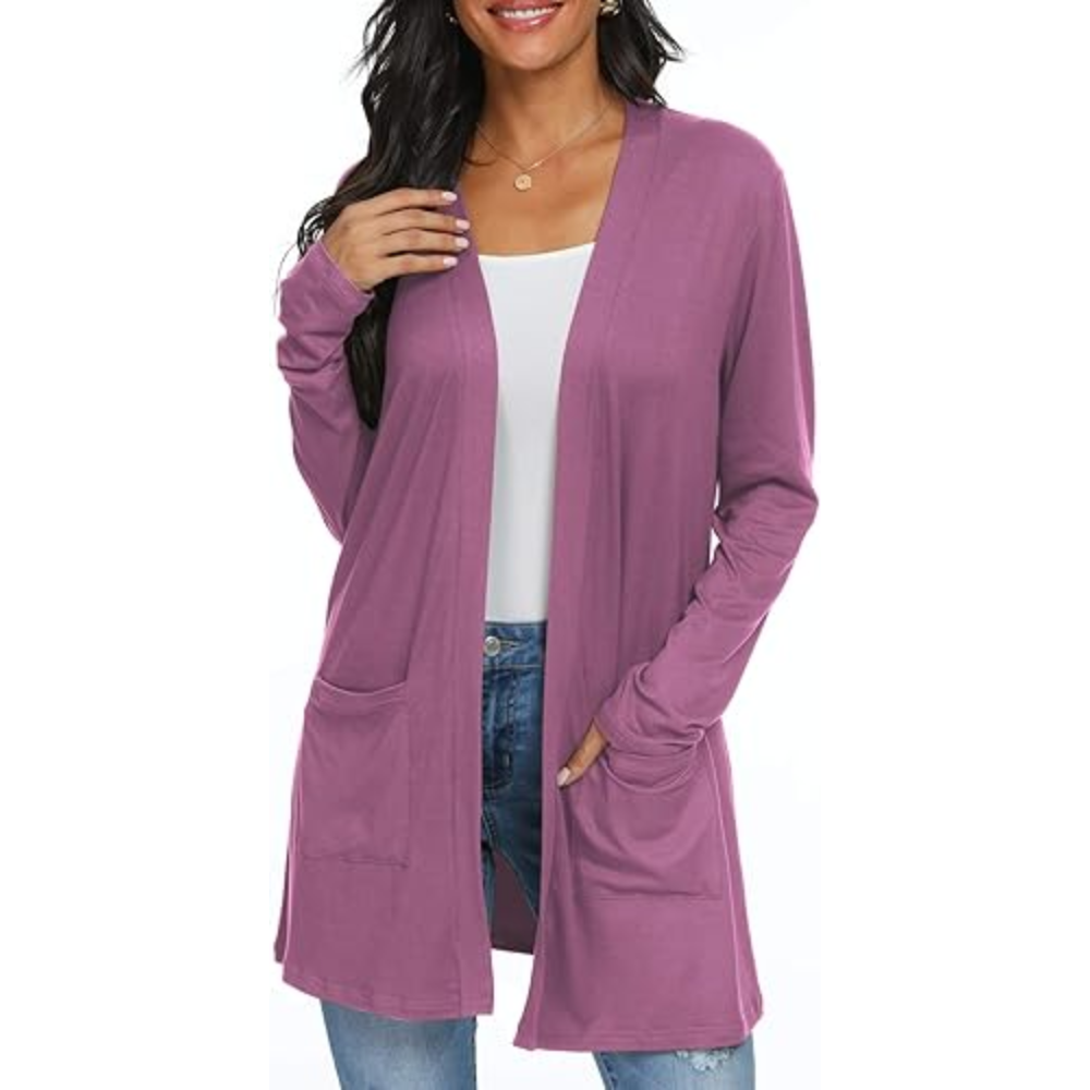 Womens Casual Lightweight with Pocketes Long Sleeve Open Front Cardigan