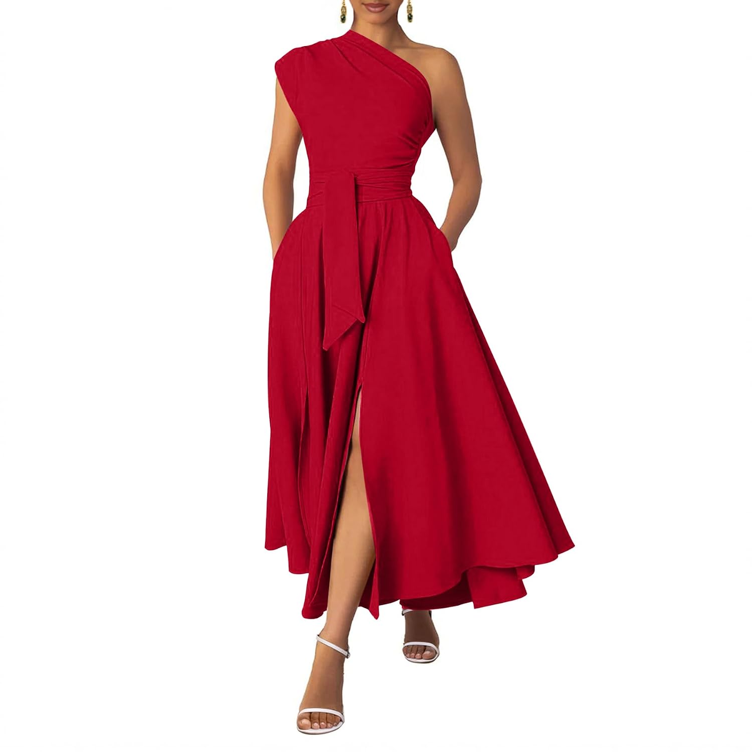 Asymmetric Belted Maxi Dress with Convenient Pockets