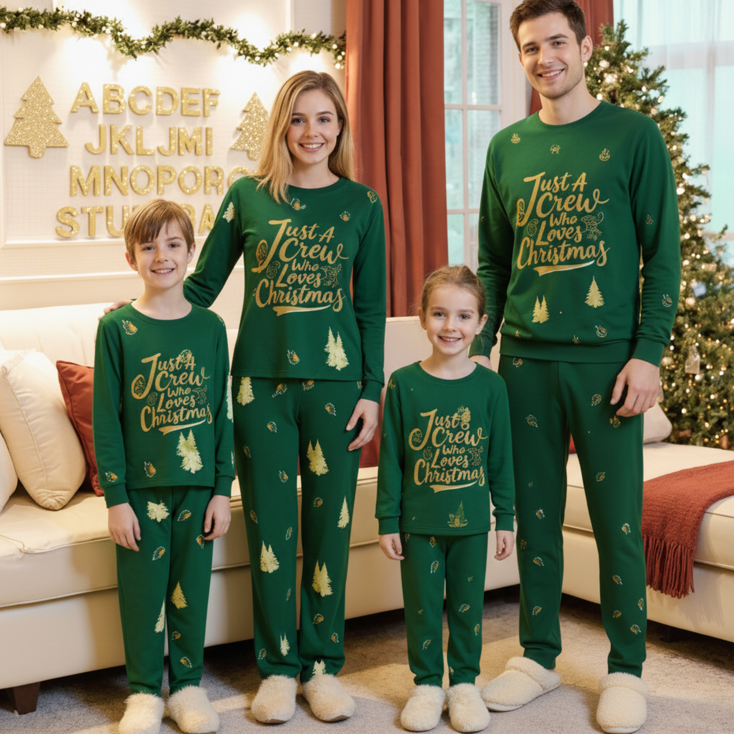 Green and Golden Tree Print Family Matching Pajama Sets