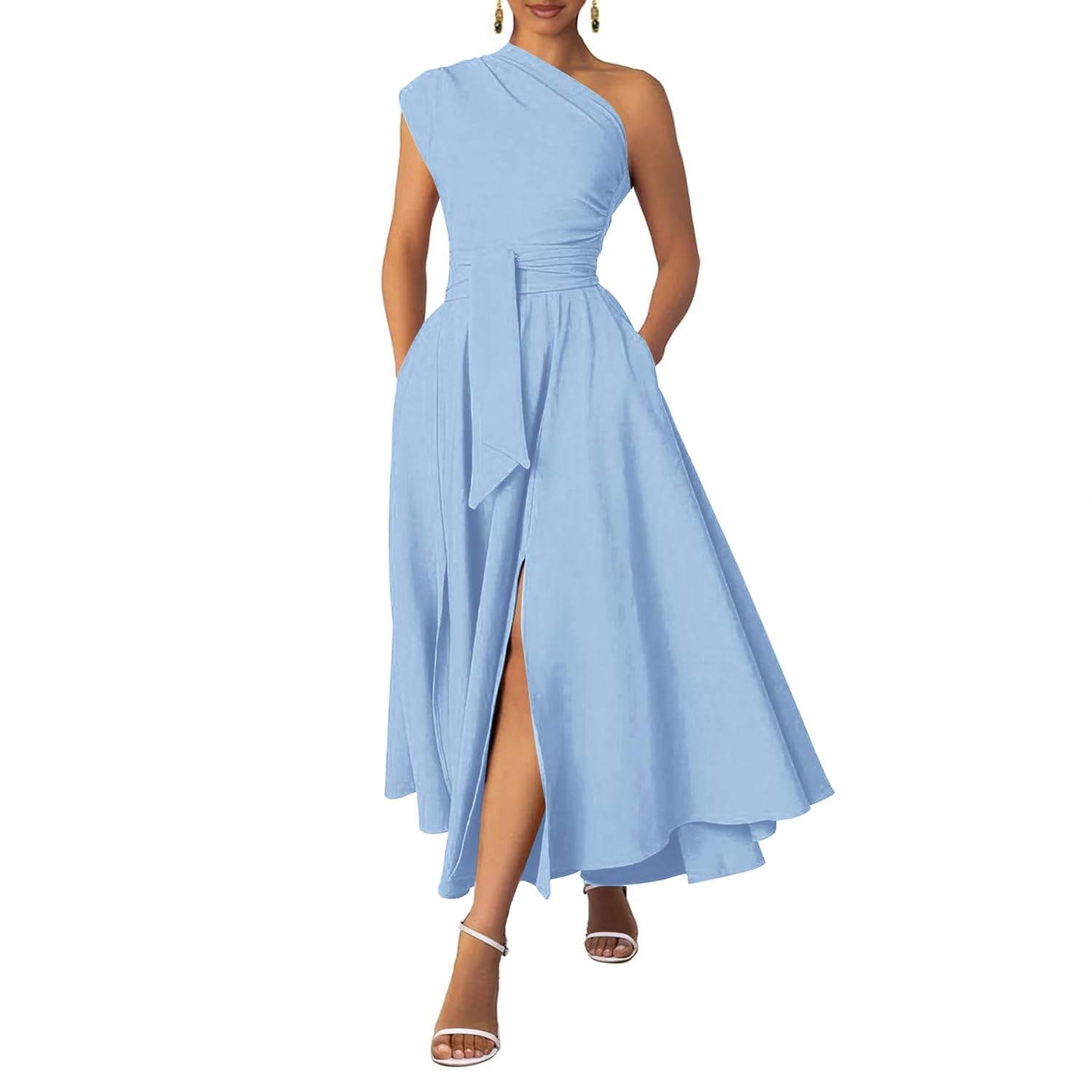 Asymmetric Belted Maxi Dress with Convenient Pockets