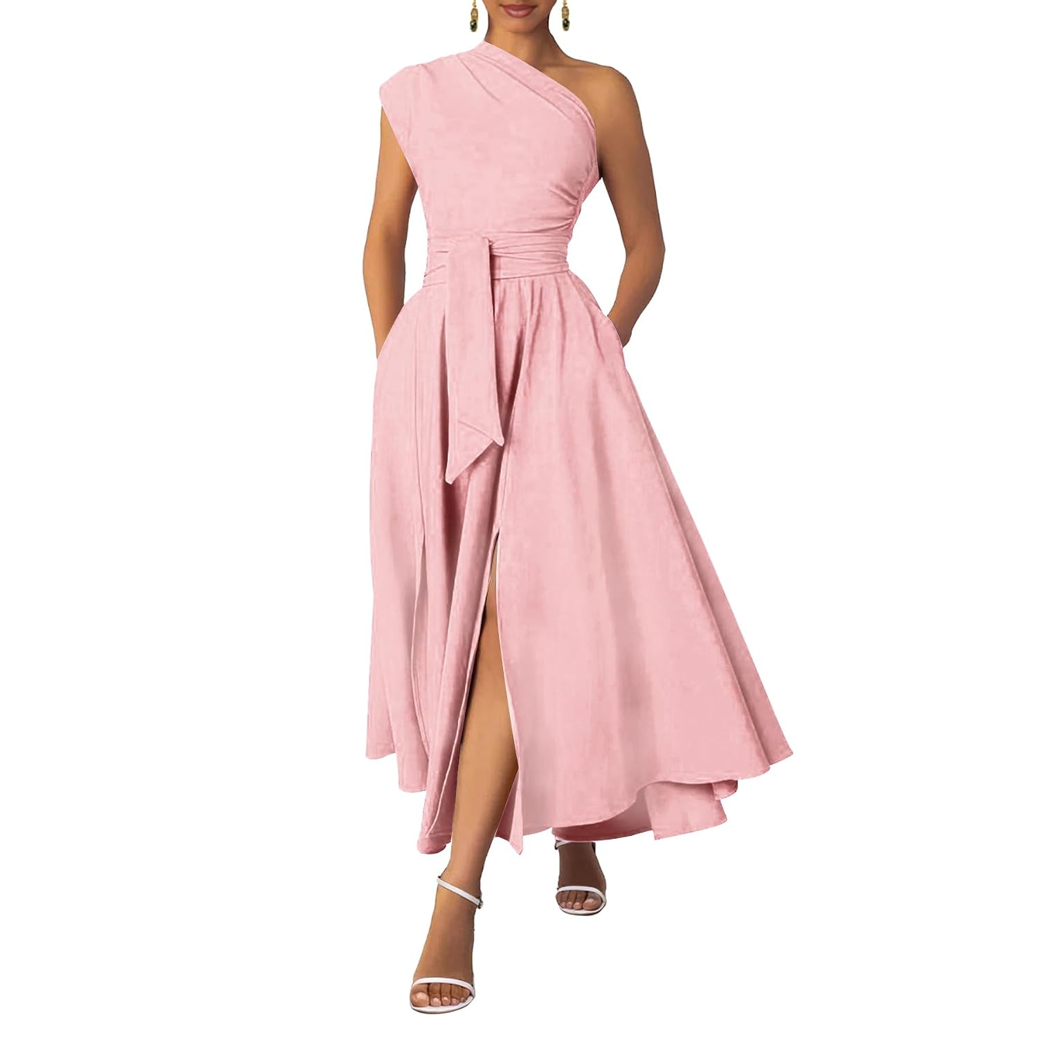 Asymmetric Belted Maxi Dress with Convenient Pockets