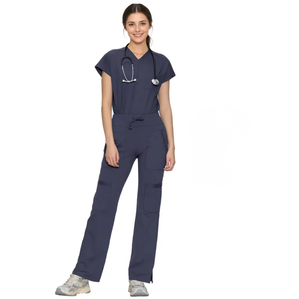 Workwear Yoga Scrub Set With Batwing Top And Straight Pants For Women