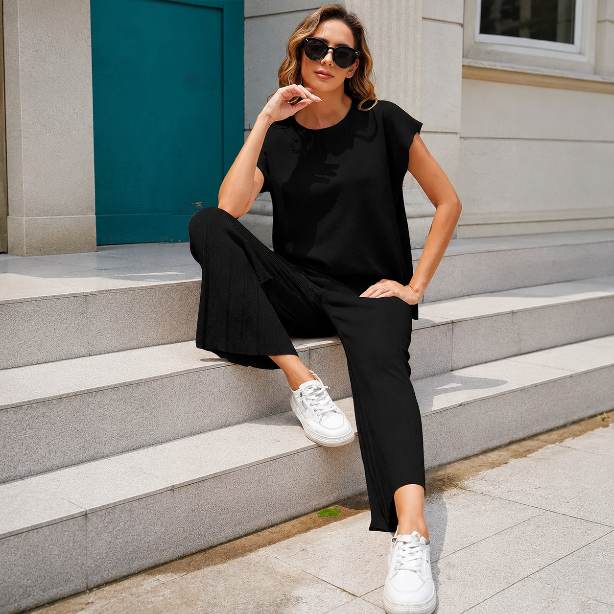 Casual Pleated Set Cap Sleeve Lounge For Women