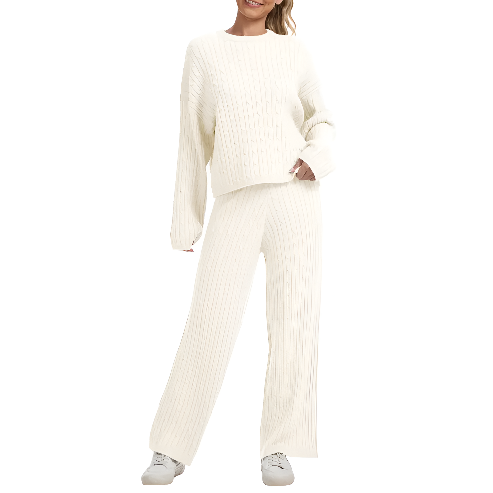 2 Piece Long Sleeve Knit Top With Pants Set For Women