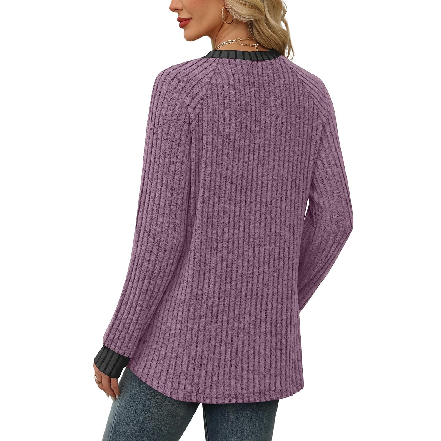 Casual Ribbed Long Sleeve Cuff Detail Top for Women