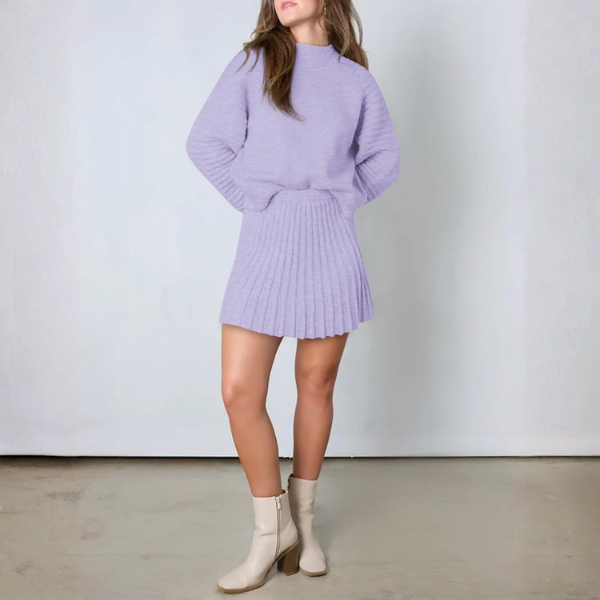 2 Piece Ribbed Knit Puff Sleeve Sweater Top And Mini Skirt Outfit Set