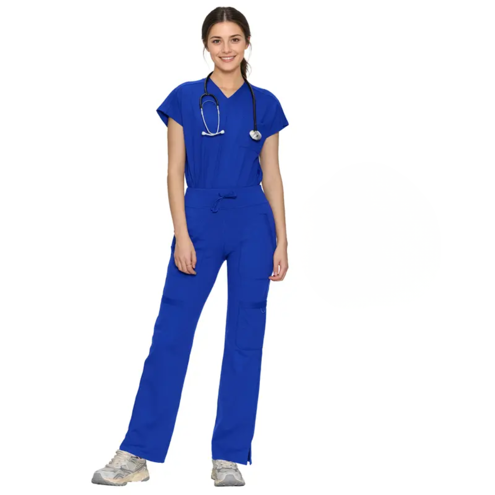 Workwear Yoga Scrub Set With Batwing Top And Straight Pants For Women