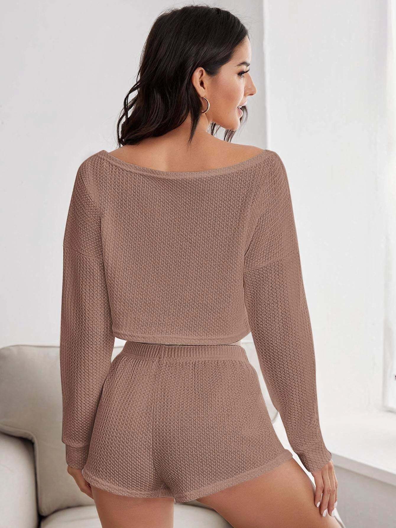 Boat Neck Drop Shoulder Waffle Knit Lounge Set-Cozy Knit Sets