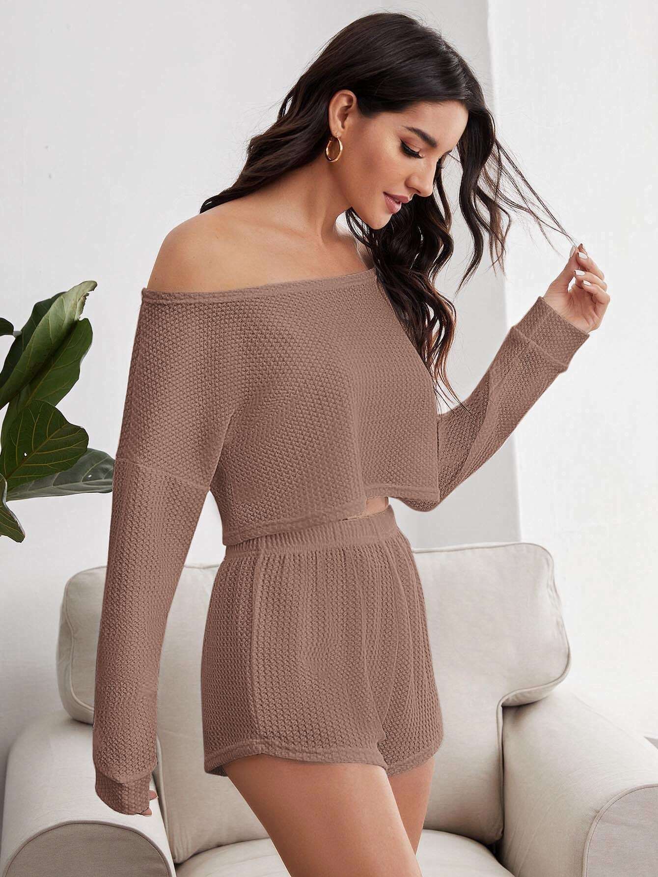 Boat Neck Drop Shoulder Waffle Knit Lounge Set-Cozy Knit Sets
