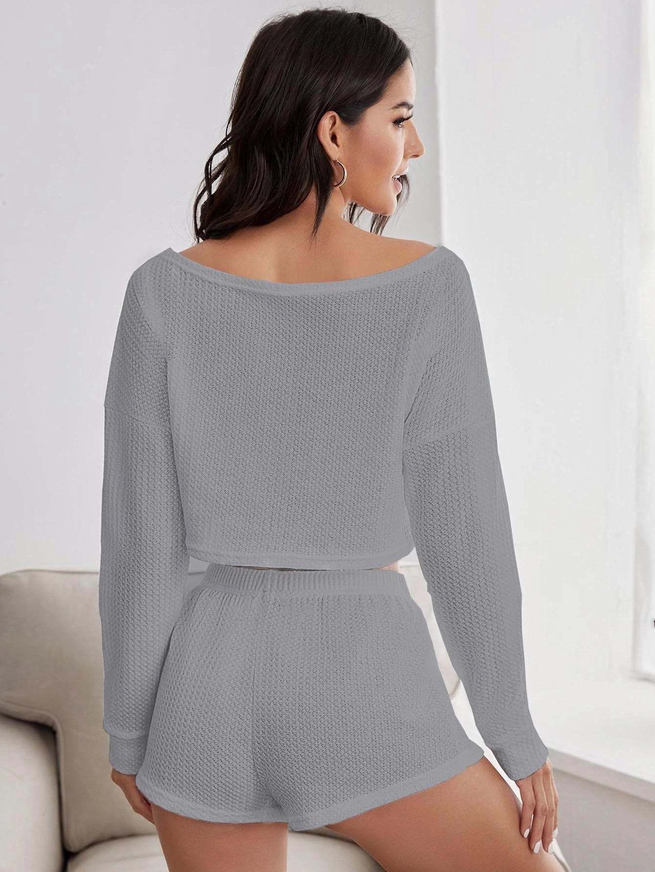 Boat Neck Drop Shoulder Waffle Knit Lounge Set-Cozy Knit Sets