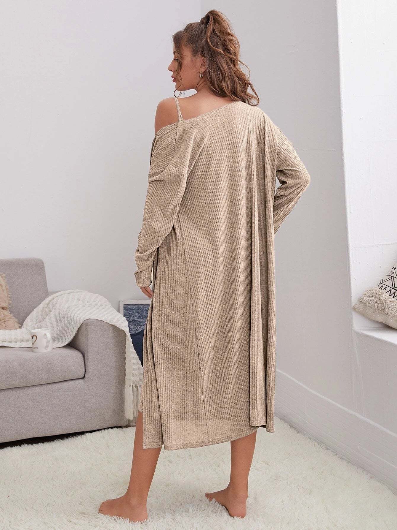 2 Pack Rib-Knit Cami Dress And Robe Lounge Set-Cozy Knit Sets