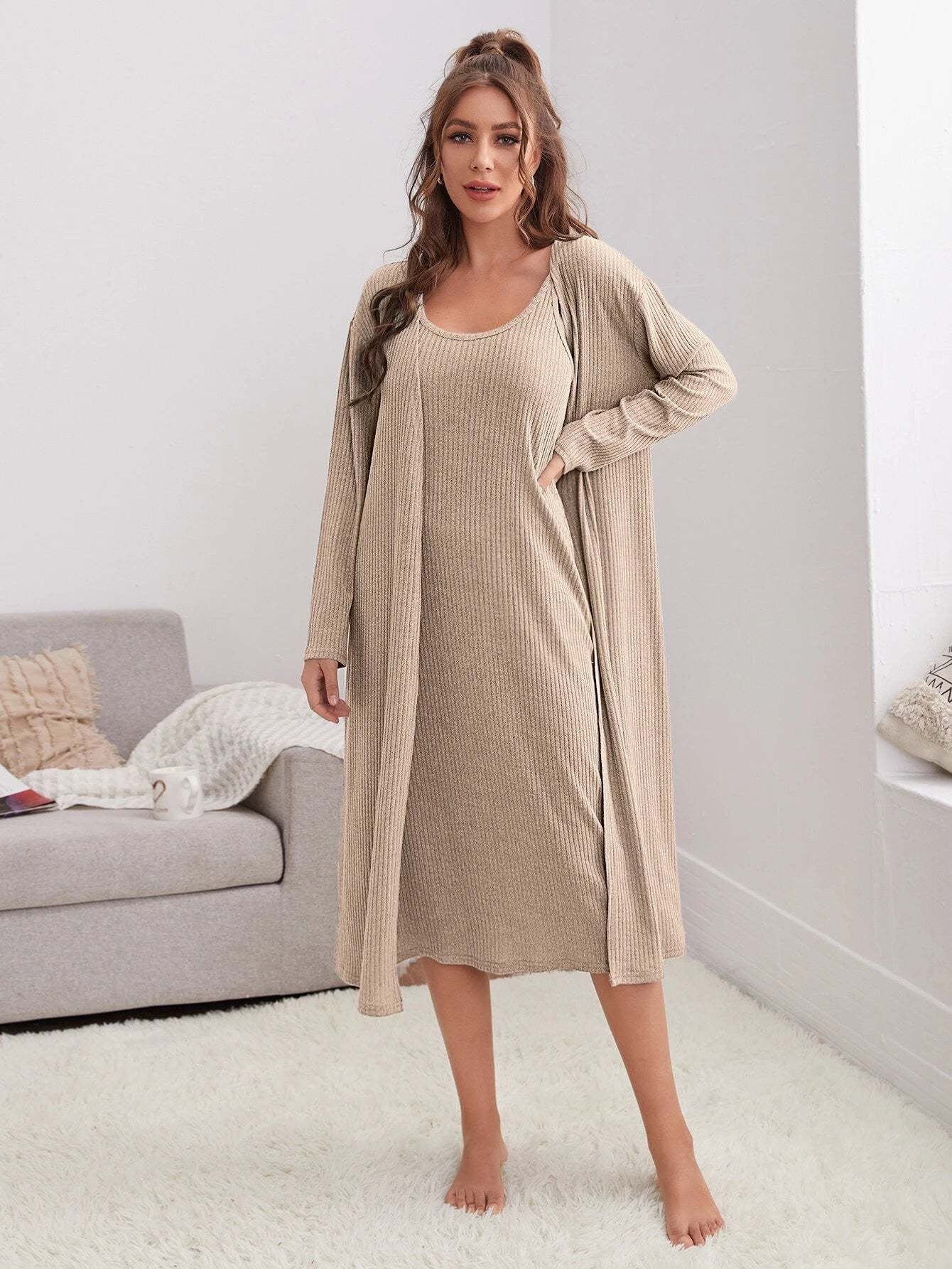 2 Pack Rib-Knit Cami Dress And Robe Lounge Set-Cozy Knit Sets