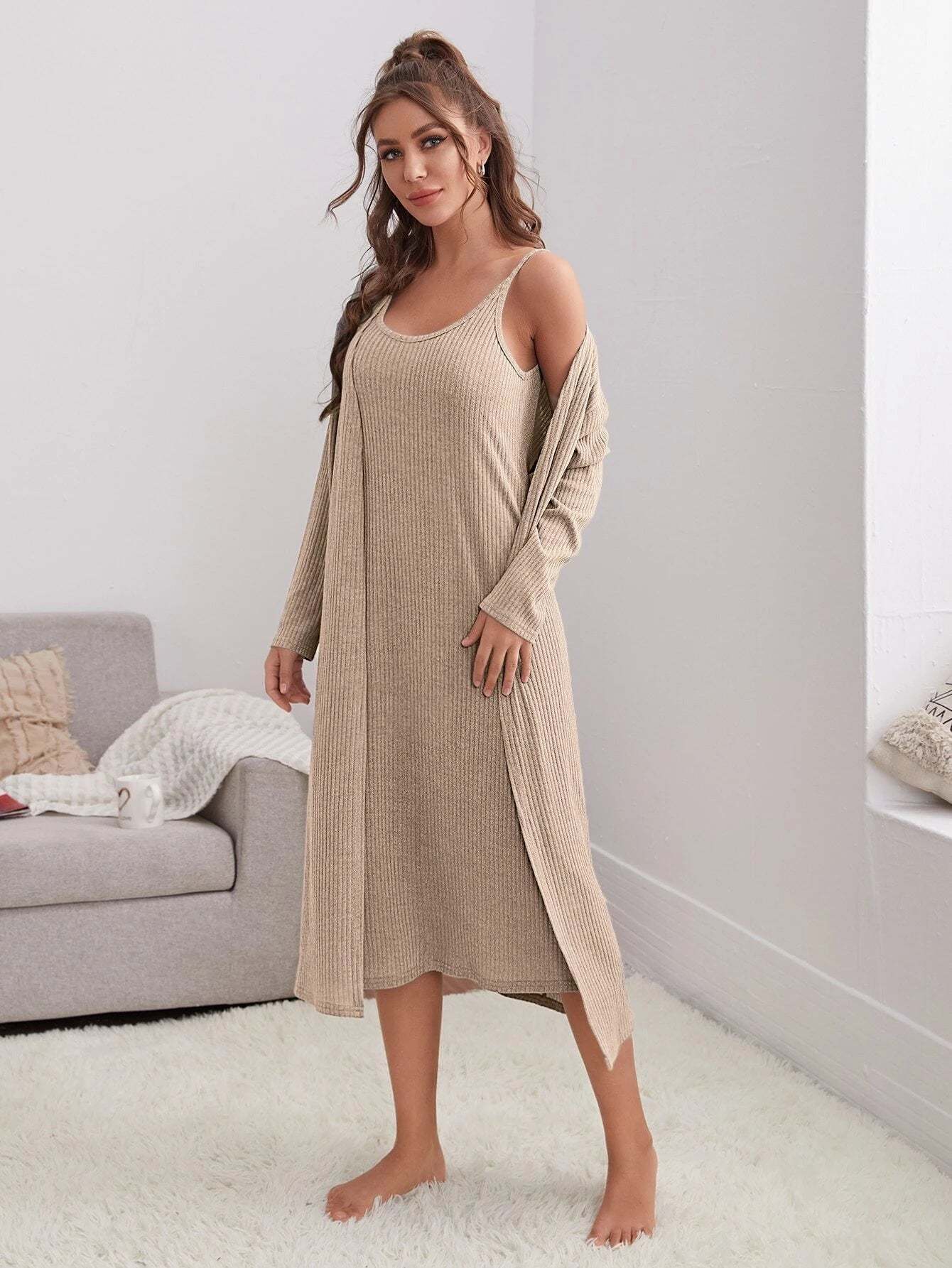 2 Pack Rib-Knit Cami Dress And Robe Lounge Set-Cozy Knit Sets