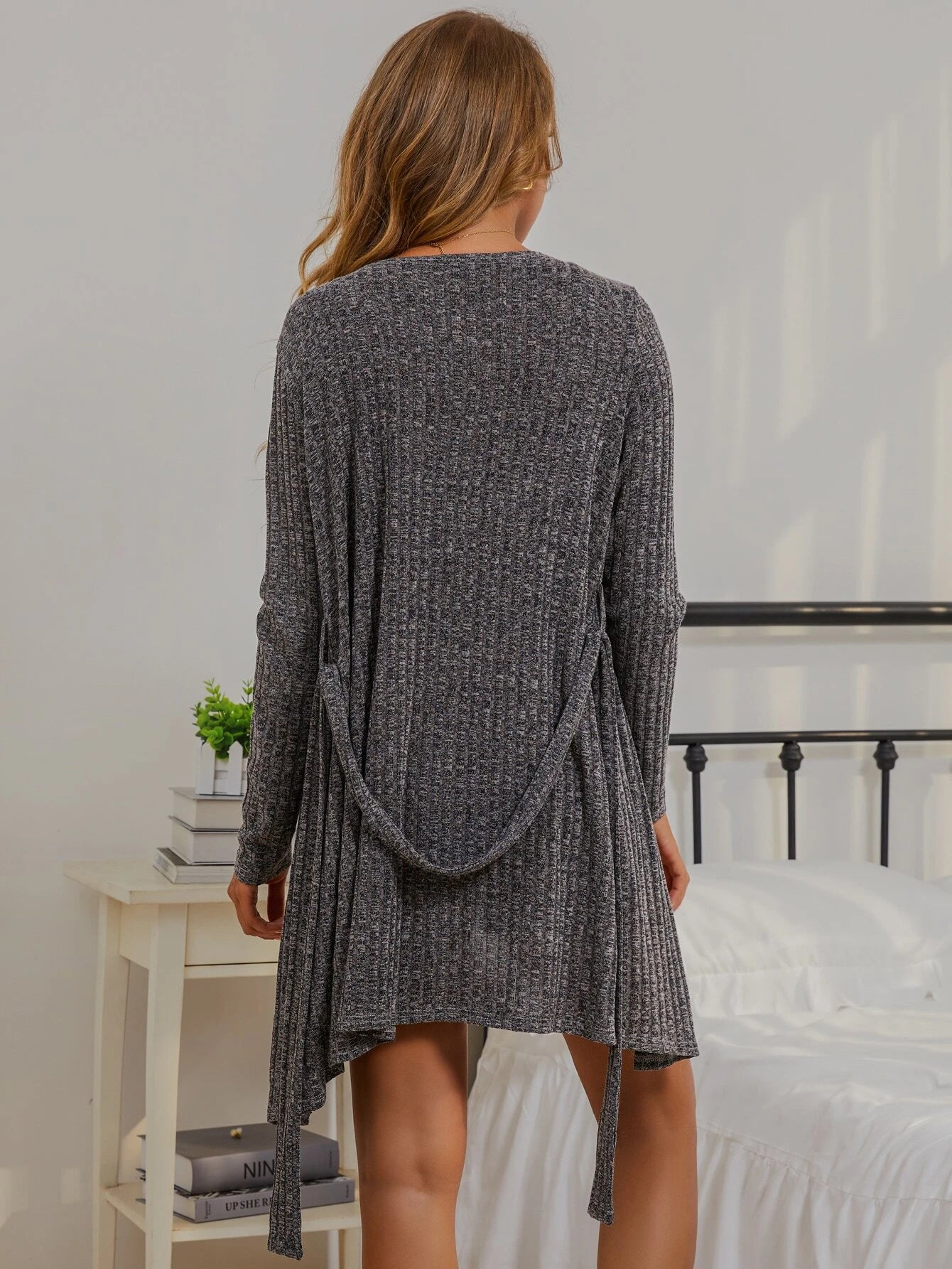 Ribbed Belted Cami Lounge Set And Robe-Cozy Knit Sets