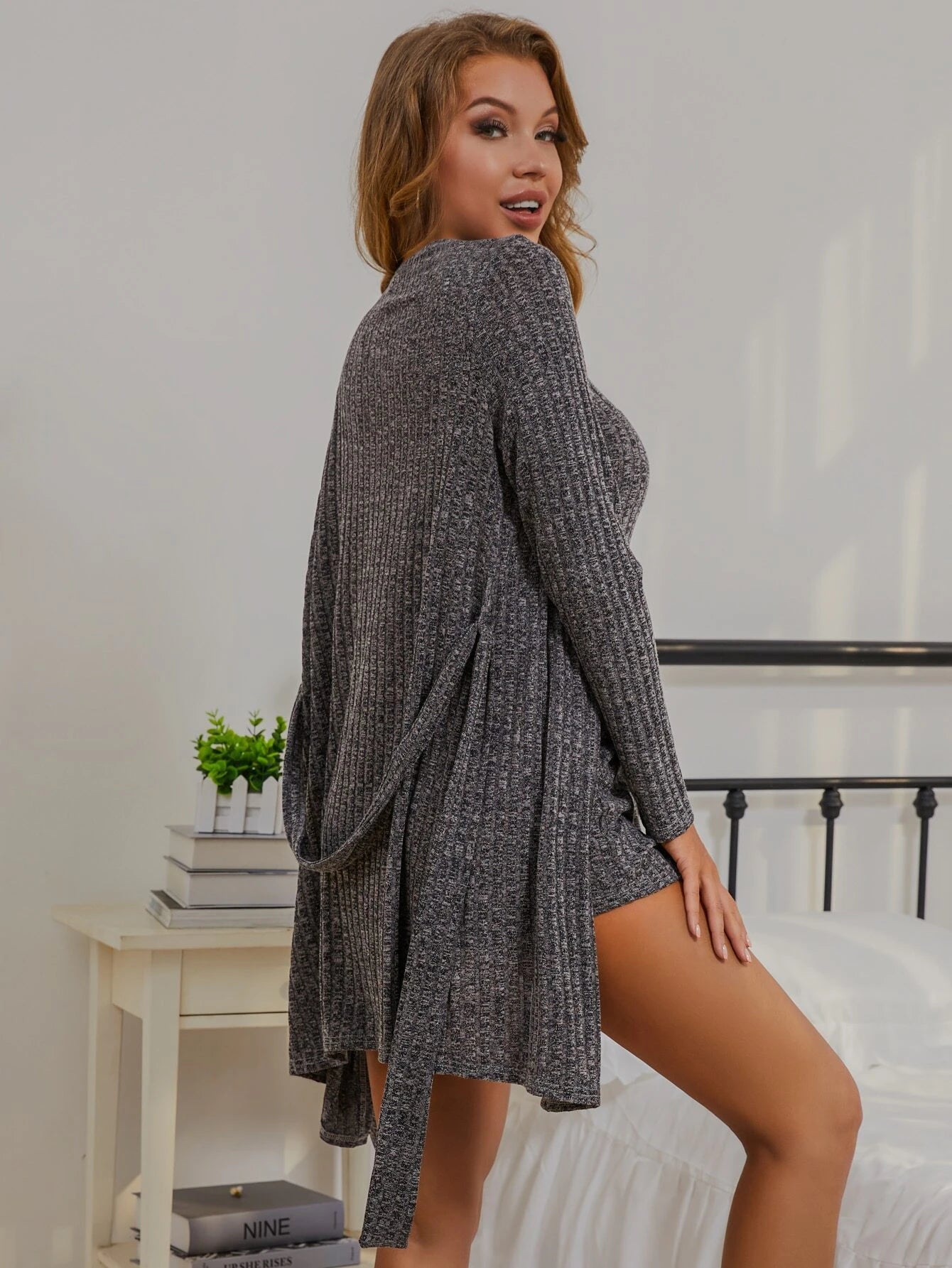 Ribbed Belted Cami Lounge Set And Robe-Cozy Knit Sets