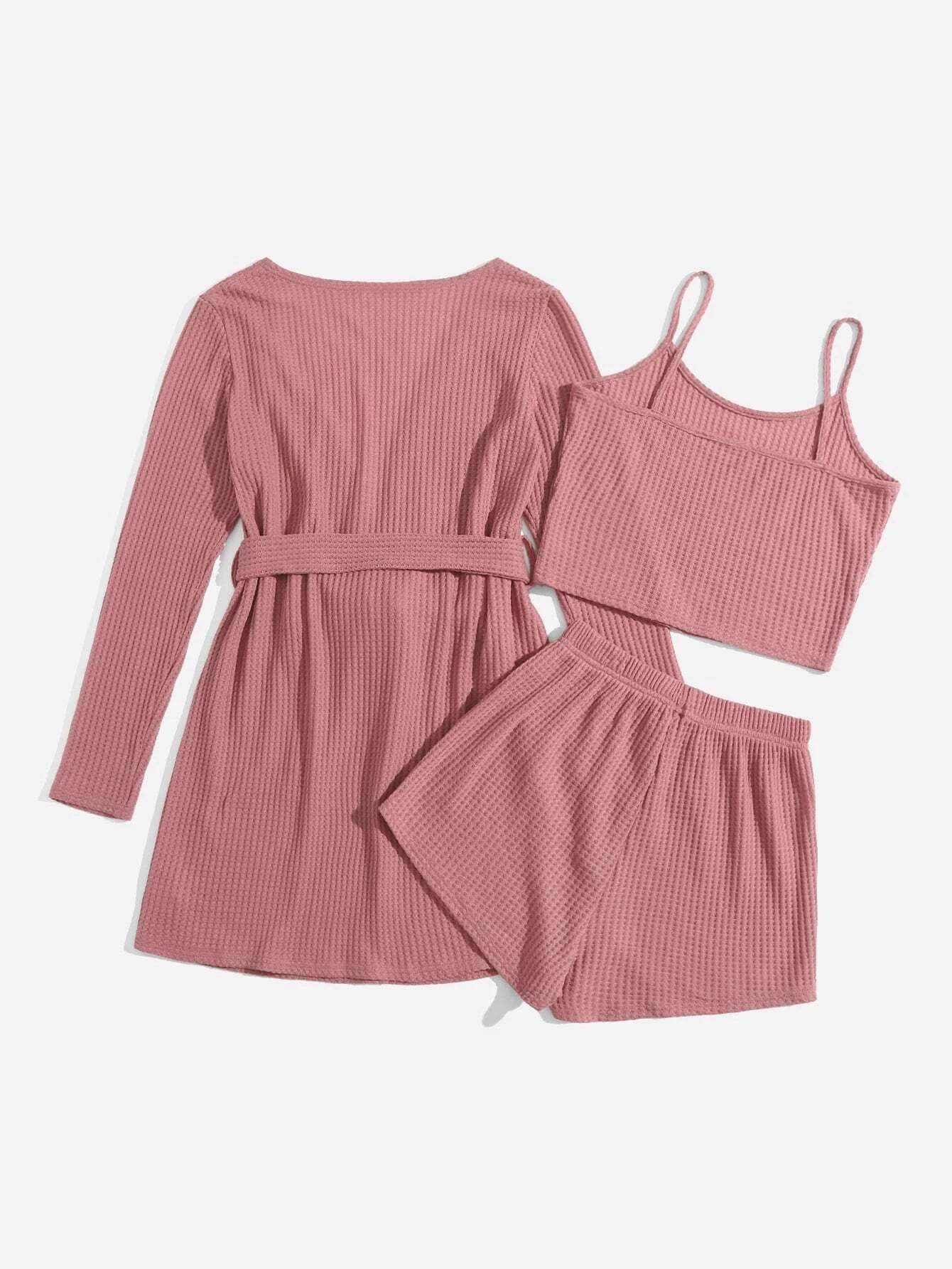 3 Pieces Waffle Knit Belted Lounge Set-Cozy Knit Sets