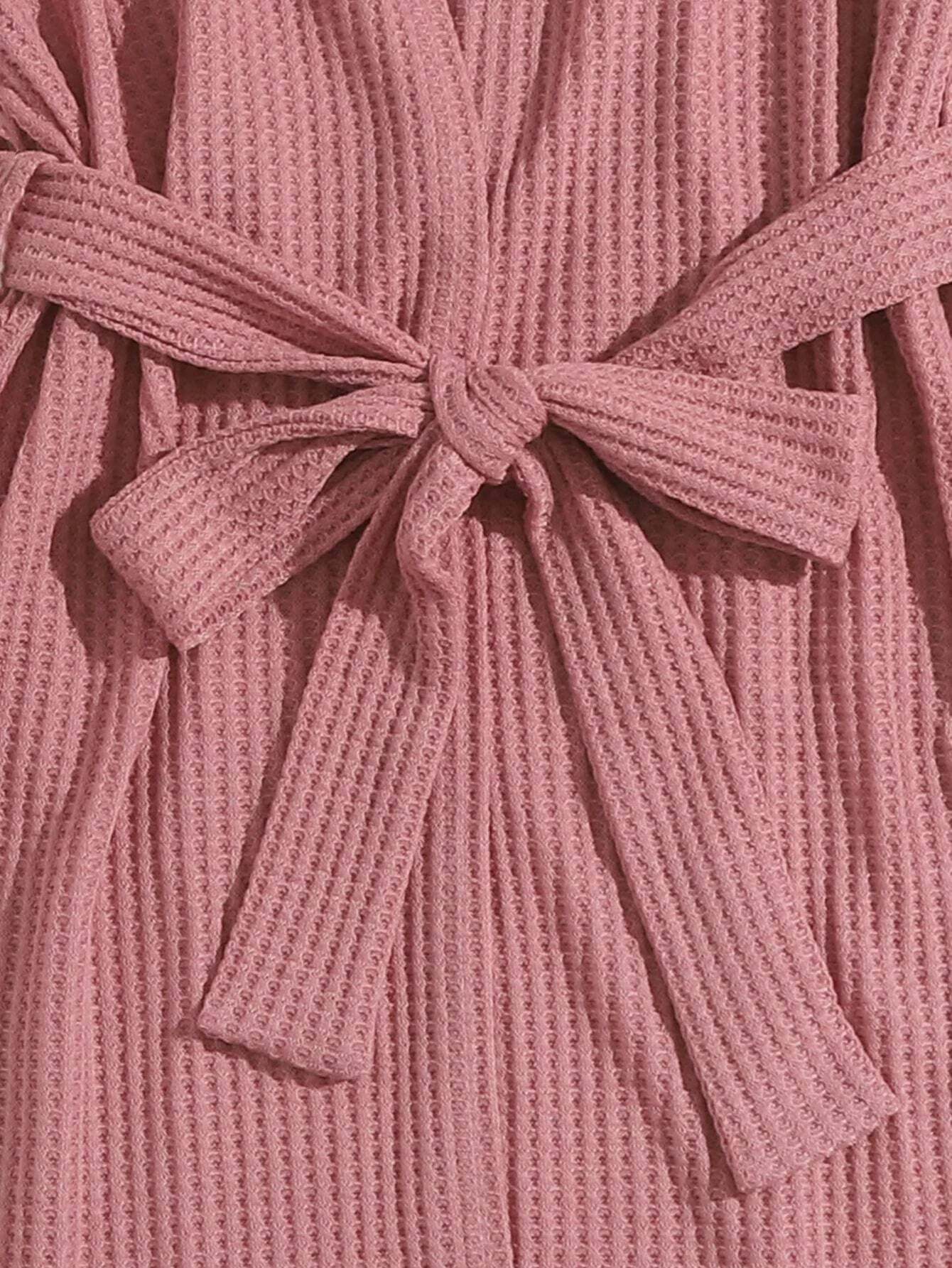 3 Pieces Waffle Knit Belted Lounge Set-Cozy Knit Sets