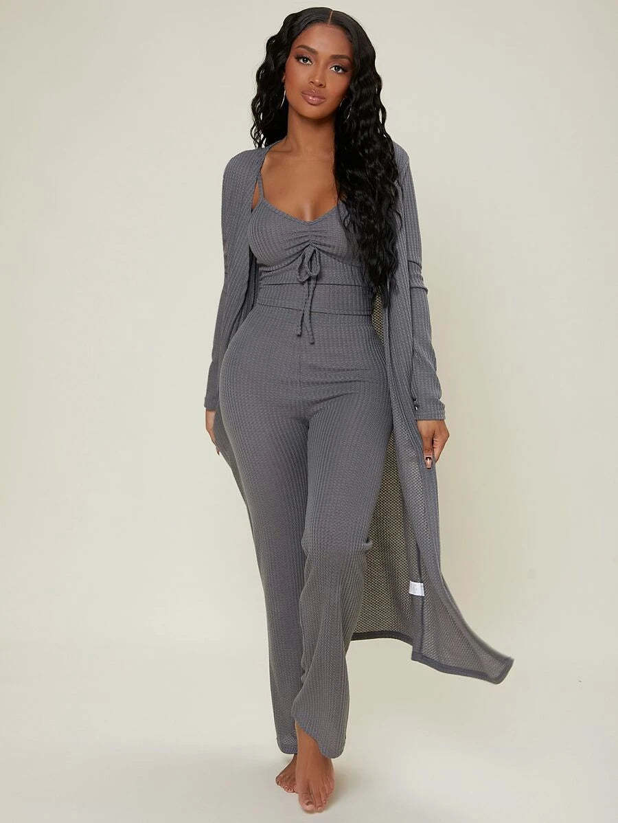Ruched Bust Solid Lounge Set-Cozy Knit Sets