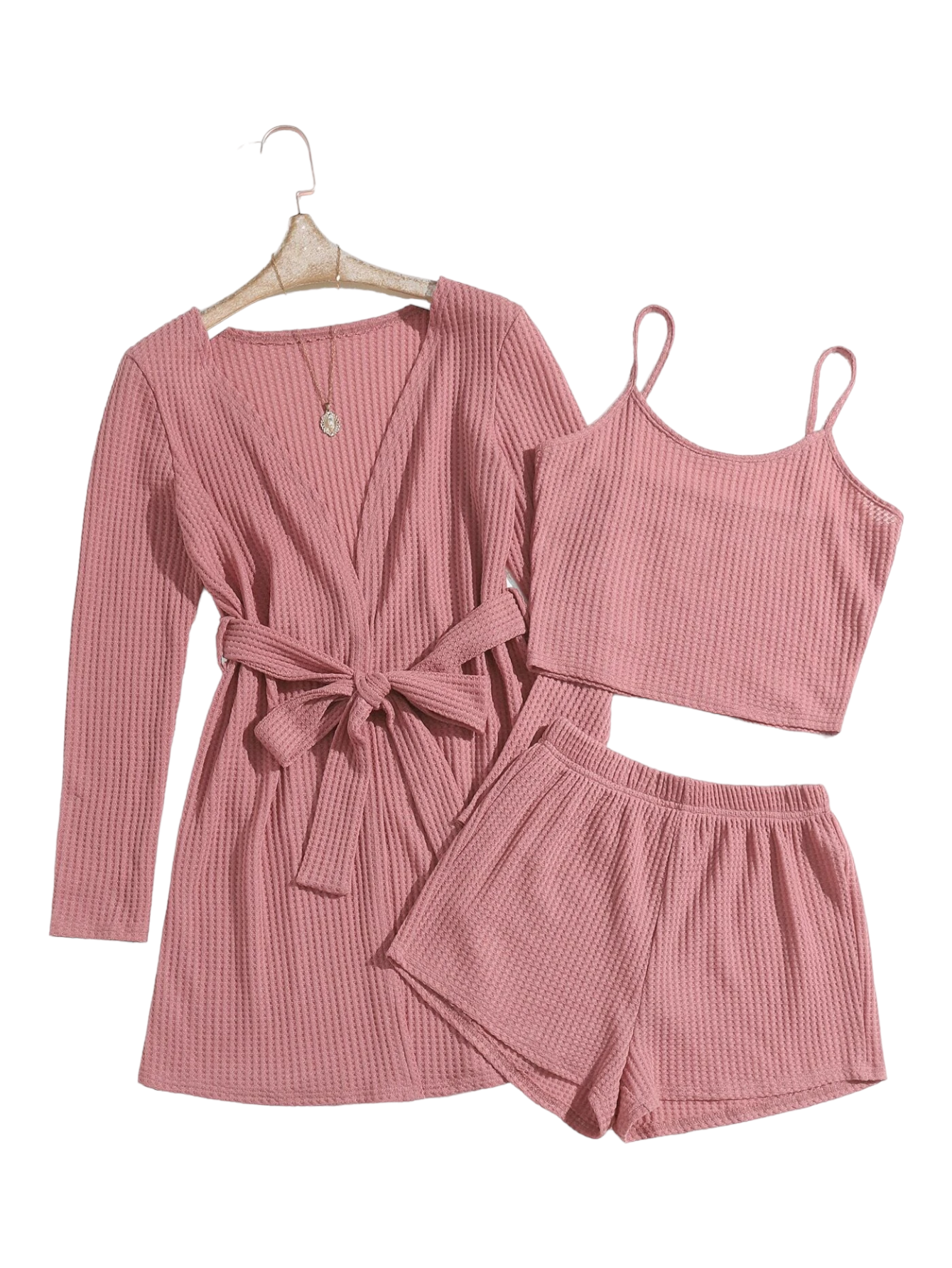 3 Pieces Waffle Knit Belted Lounge Set-Cozy Knit Sets