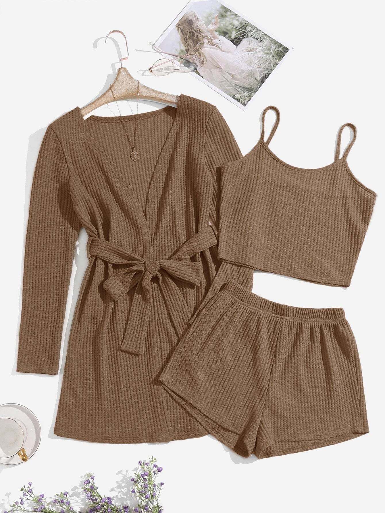 3 Pieces Waffle Knit Belted Lounge Set-Cozy Knit Sets