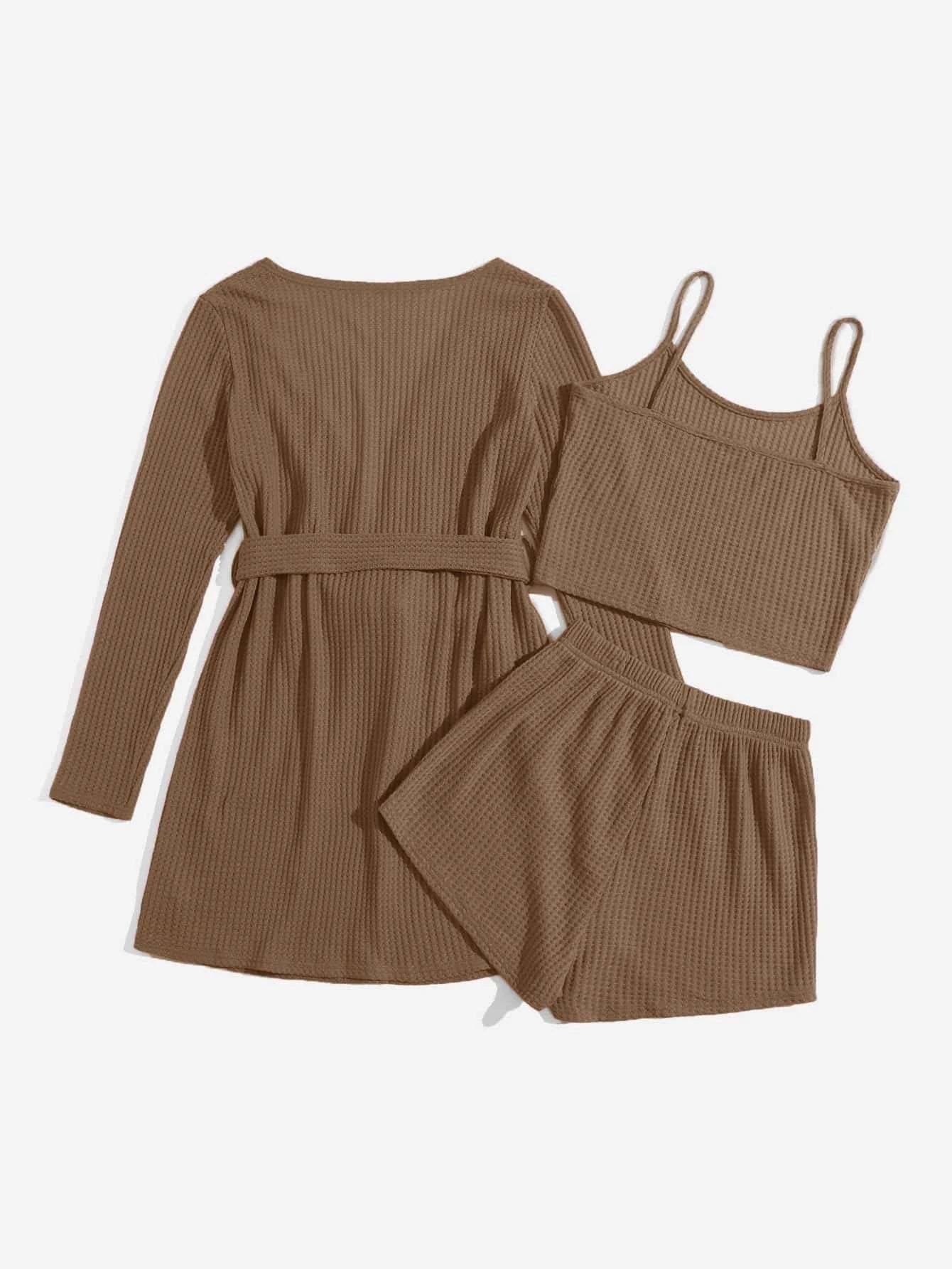 3 Pieces Waffle Knit Belted Lounge Set-Cozy Knit Sets