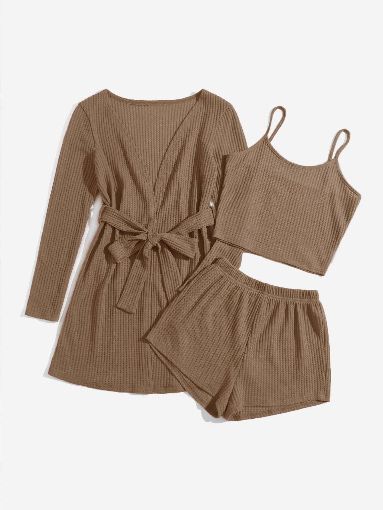 3 Pieces Waffle Knit Belted Lounge Set-Cozy Knit Sets