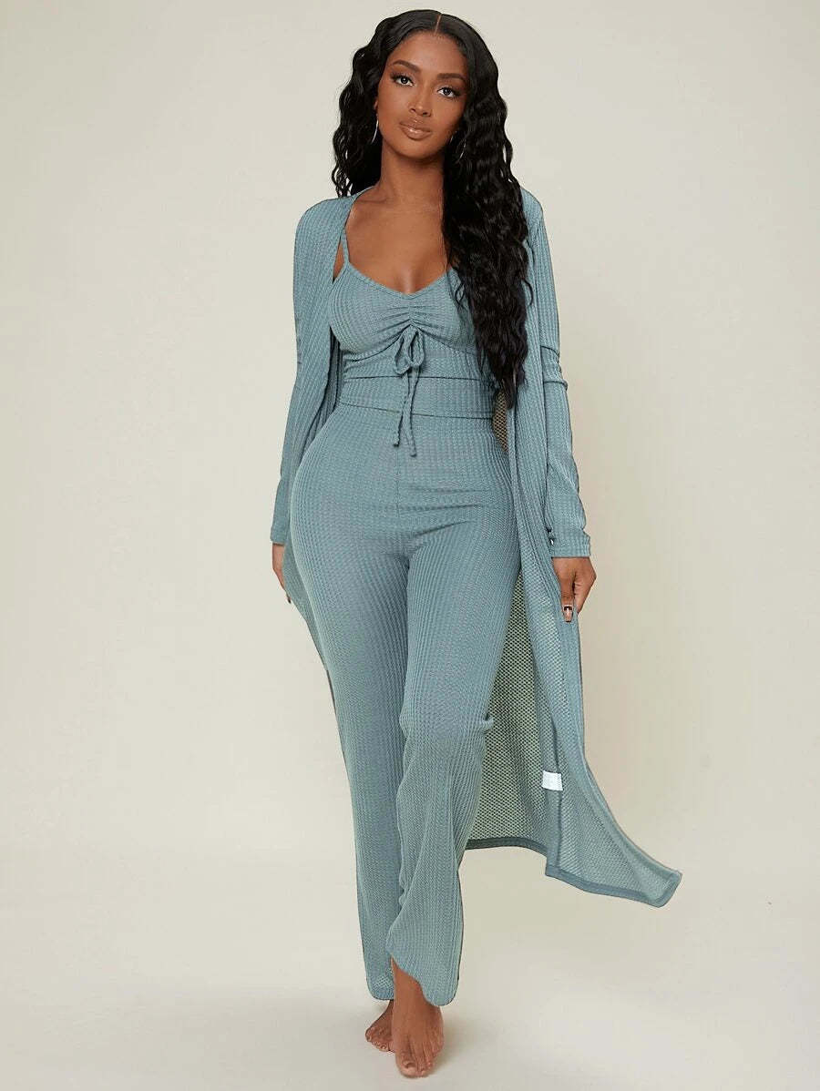 Ruched Bust Solid Lounge Set-Cozy Knit Sets