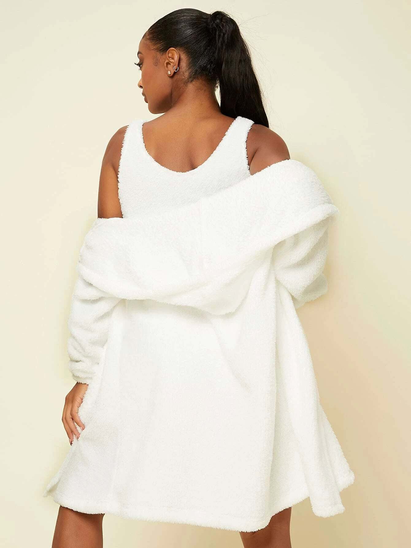 3 Pieces Tie Front Hooded Flannel Lounge Set-Cozy Knit Sets