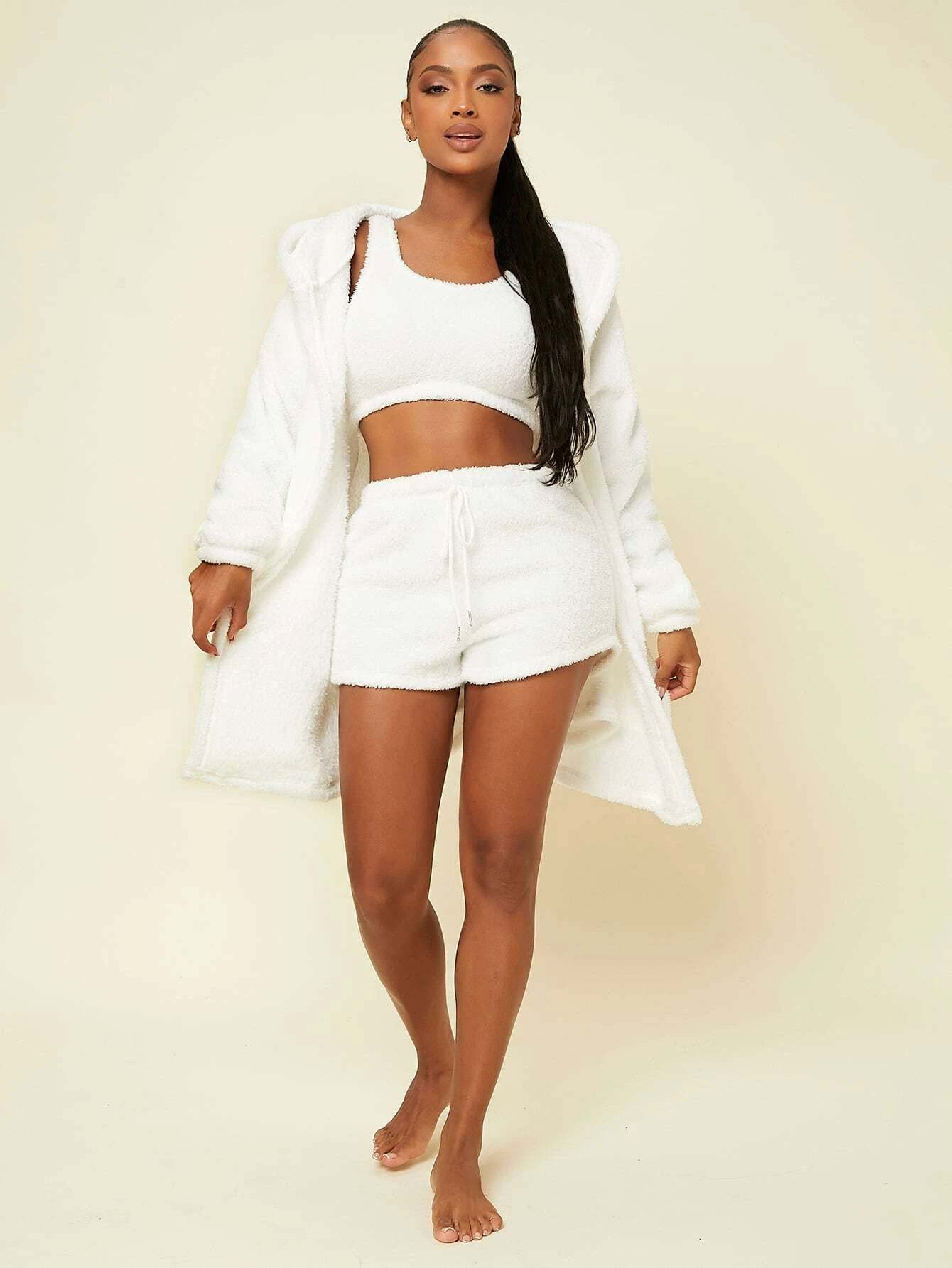 3 Pieces Tie Front Hooded Flannel Lounge Set-Cozy Knit Sets