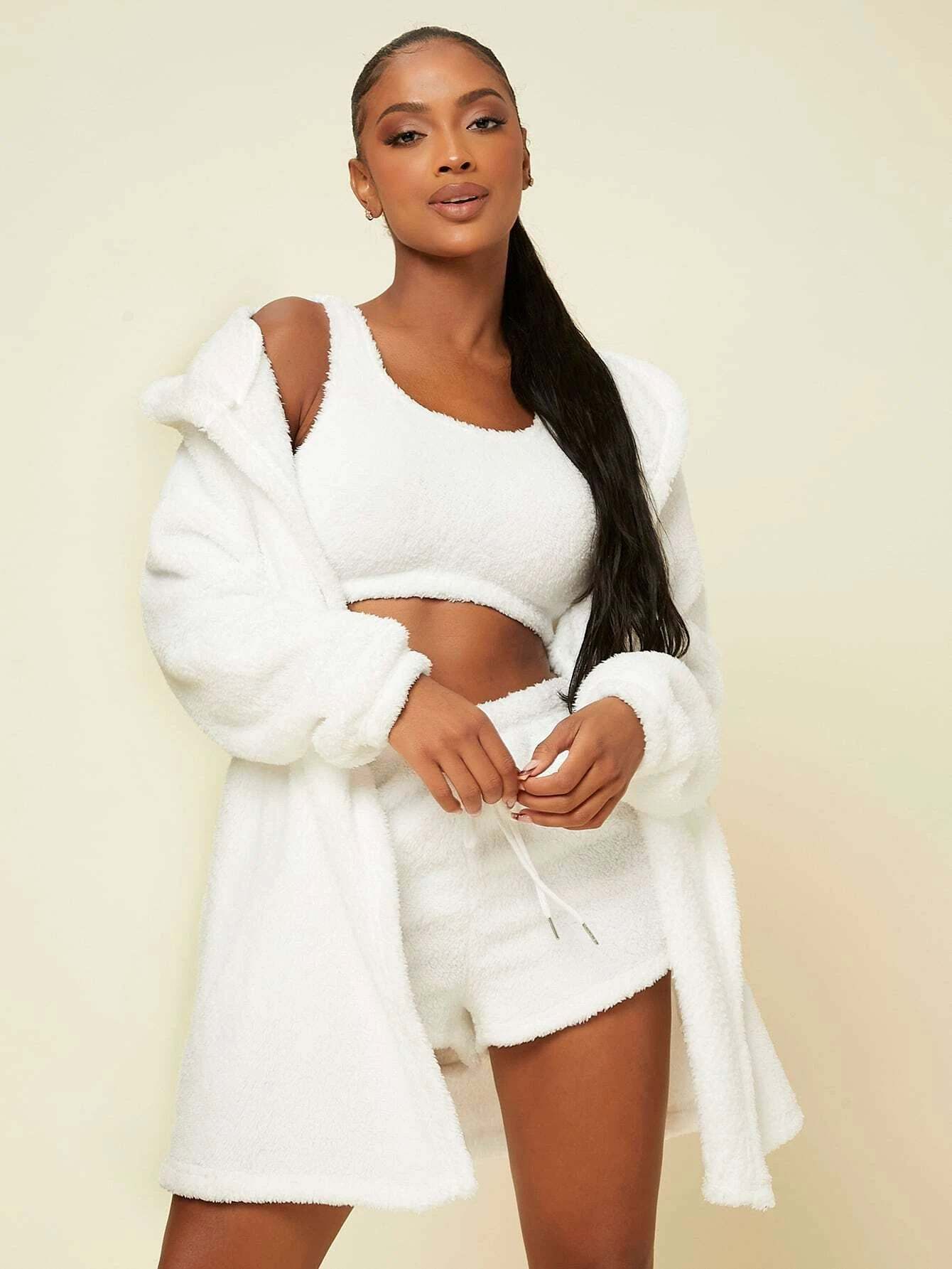 3 Pieces Tie Front Hooded Flannel Lounge Set-Cozy Knit Sets