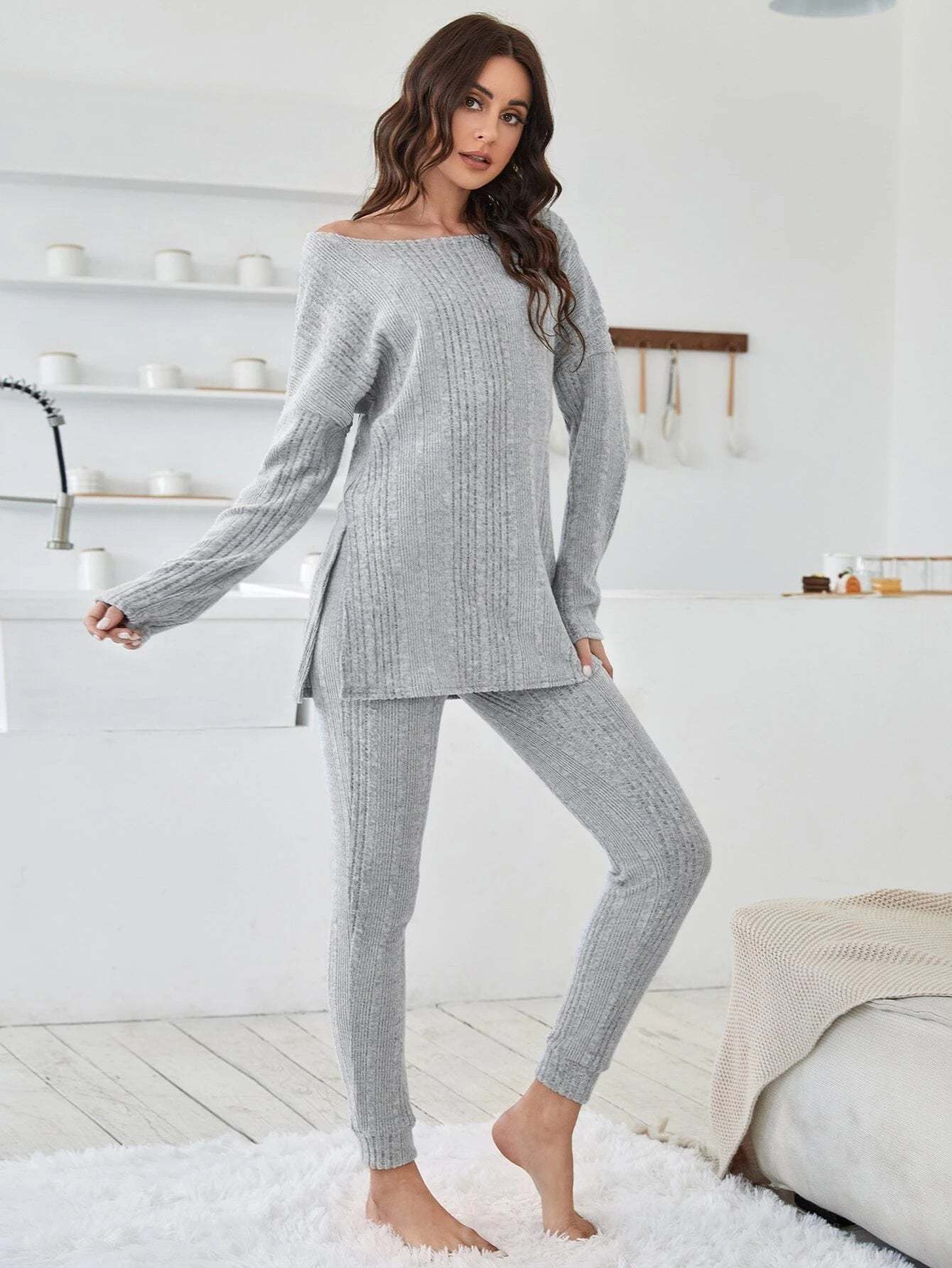 Shoulder Split Hem Tee And Pants Lounge Set-Cozy Knit Sets