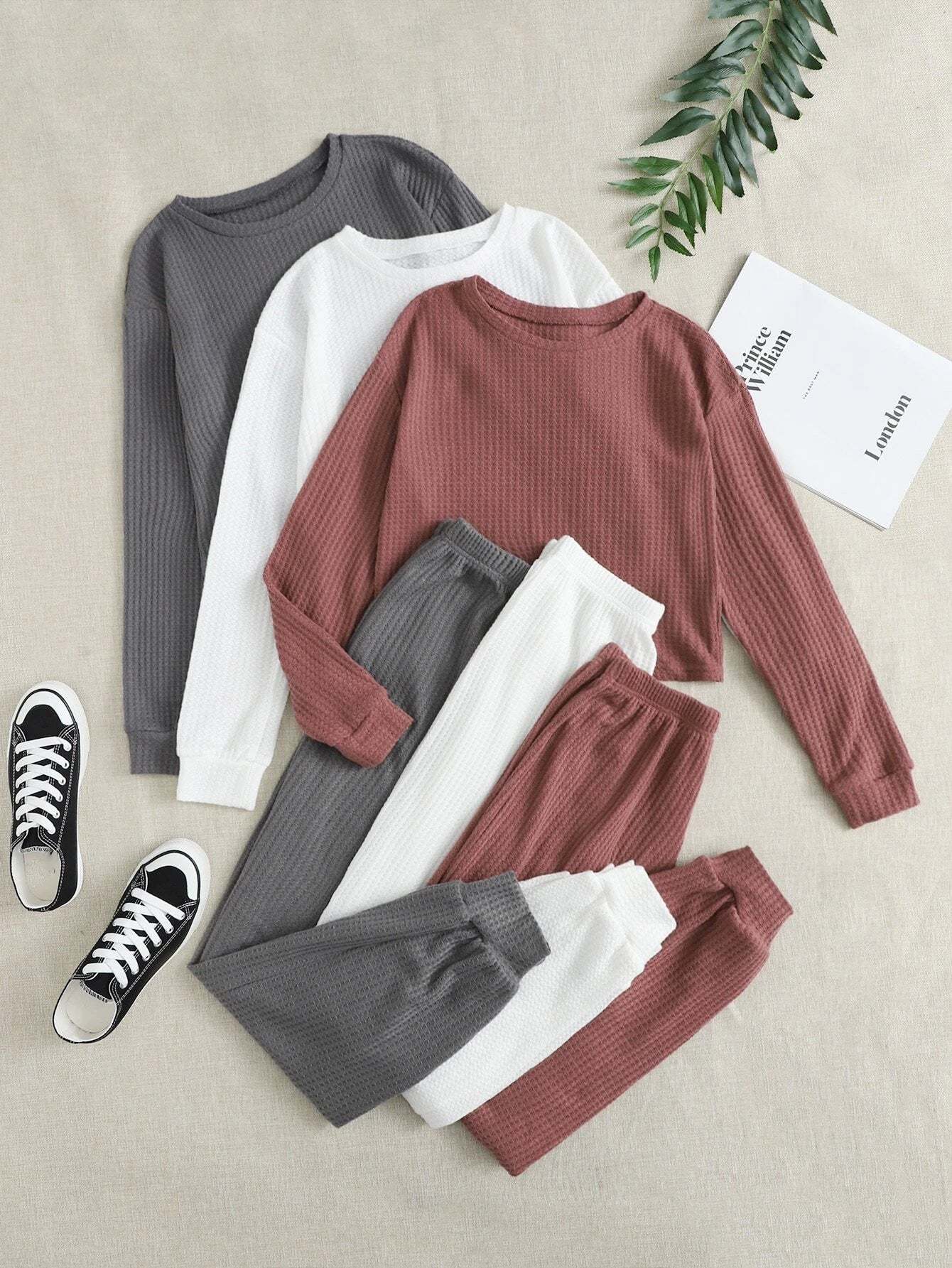 Solid Knit Top And Pants Lounge Set-Cozy Knit Sets