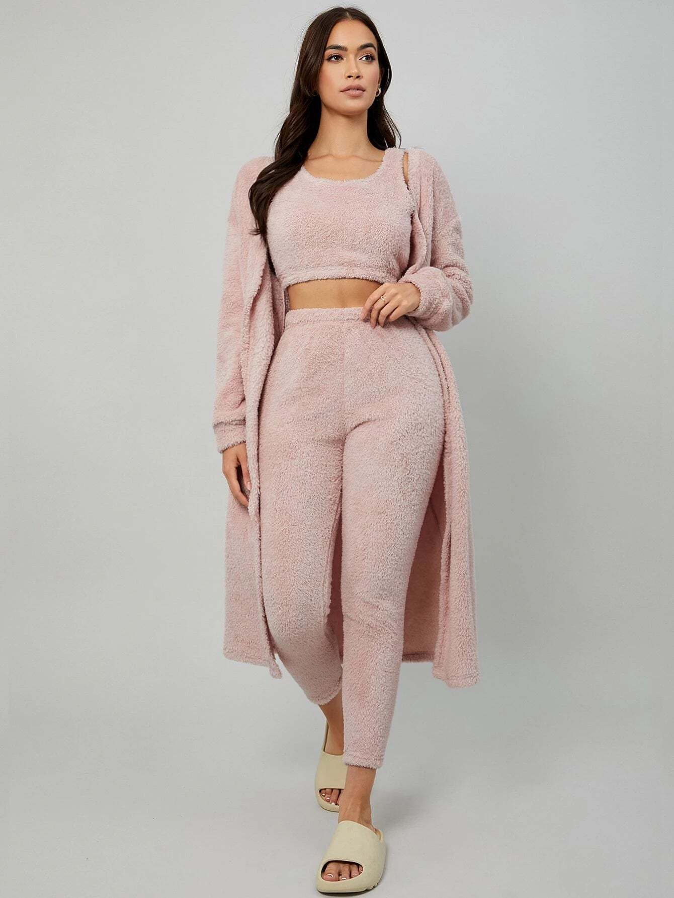 3 Pieces Drop Shoulder Belted Lounge Set-Cozy Knit Sets