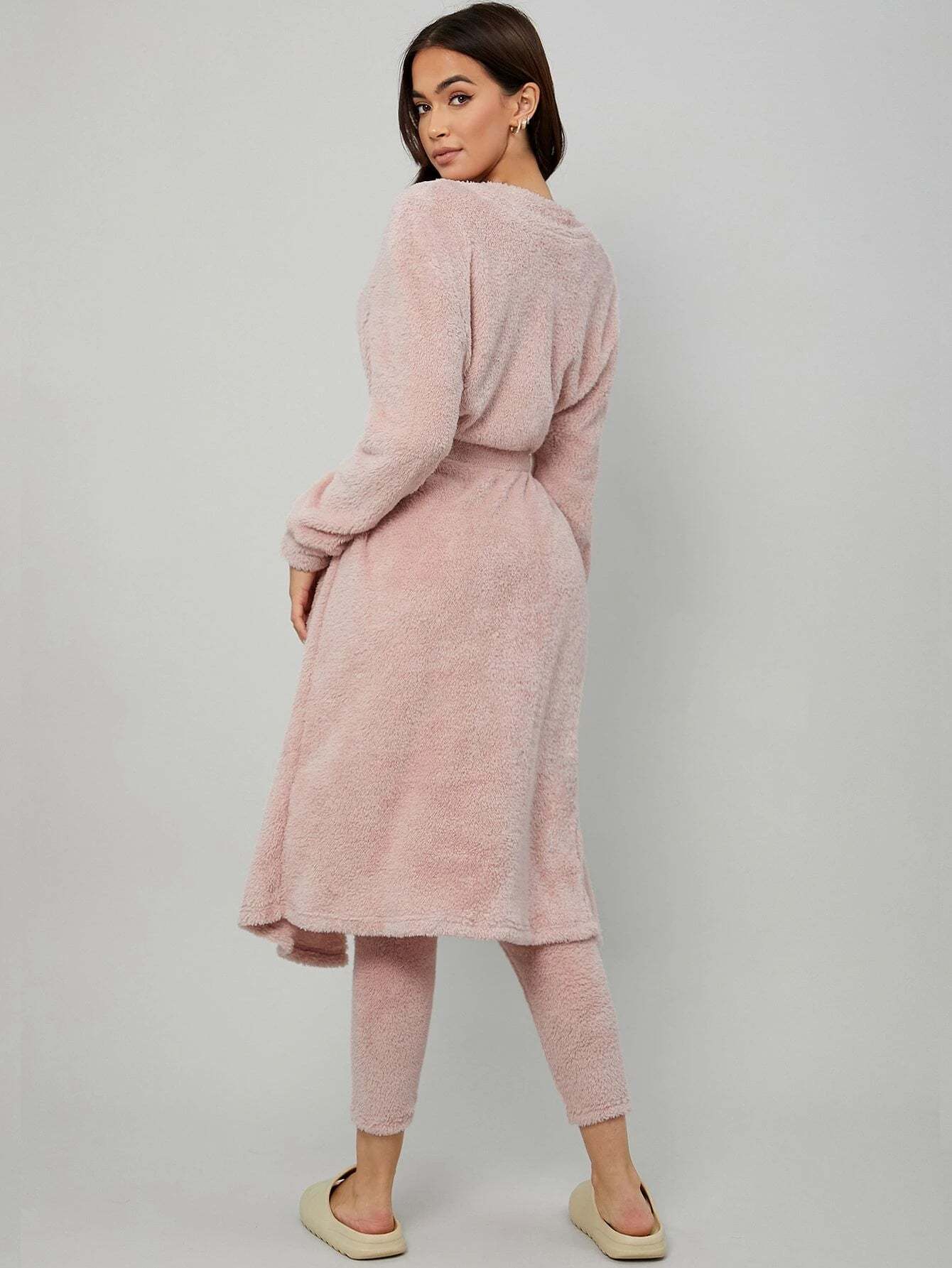 3 Pieces Drop Shoulder Belted Lounge Set-Cozy Knit Sets