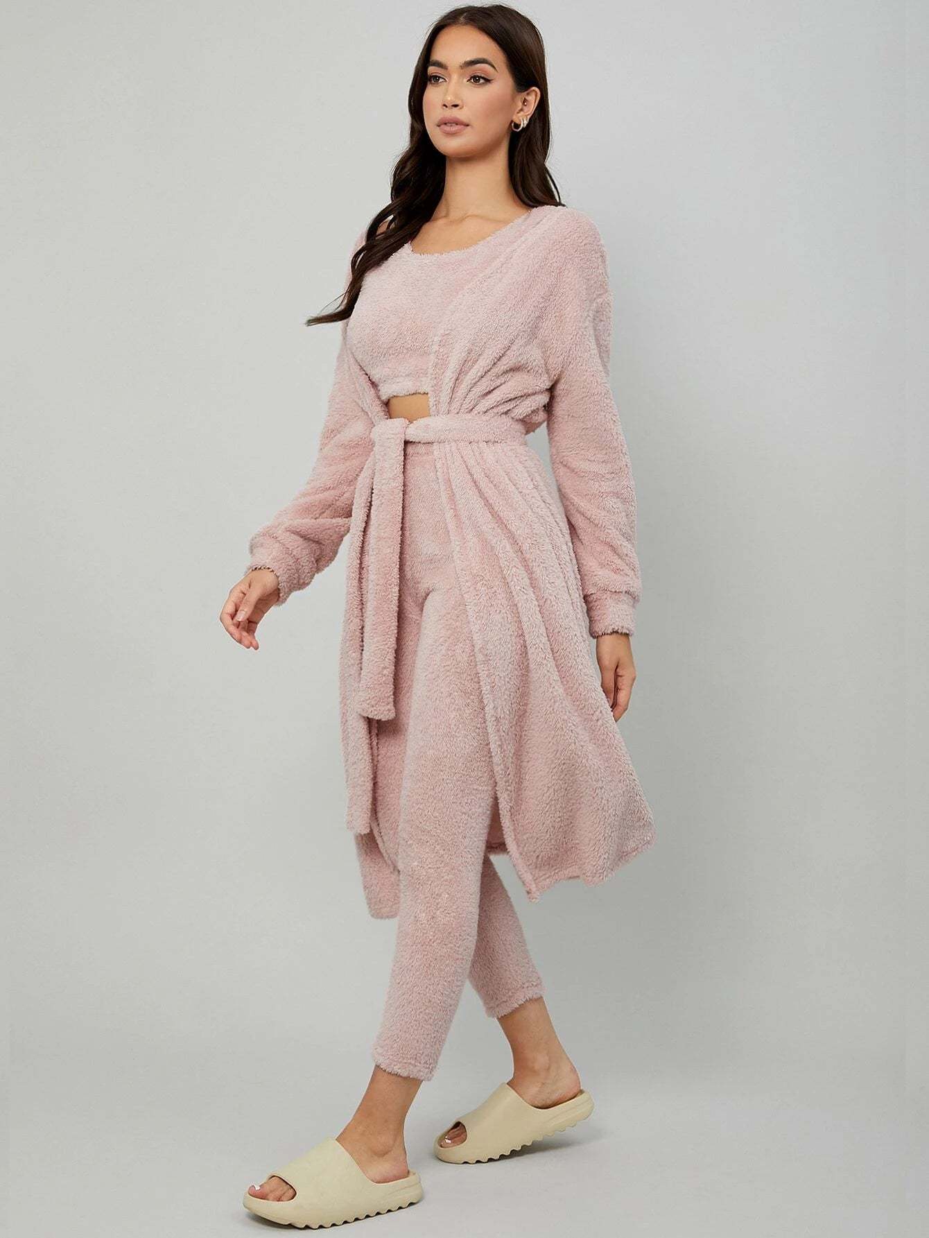 3 Pieces Drop Shoulder Belted Lounge Set-Cozy Knit Sets