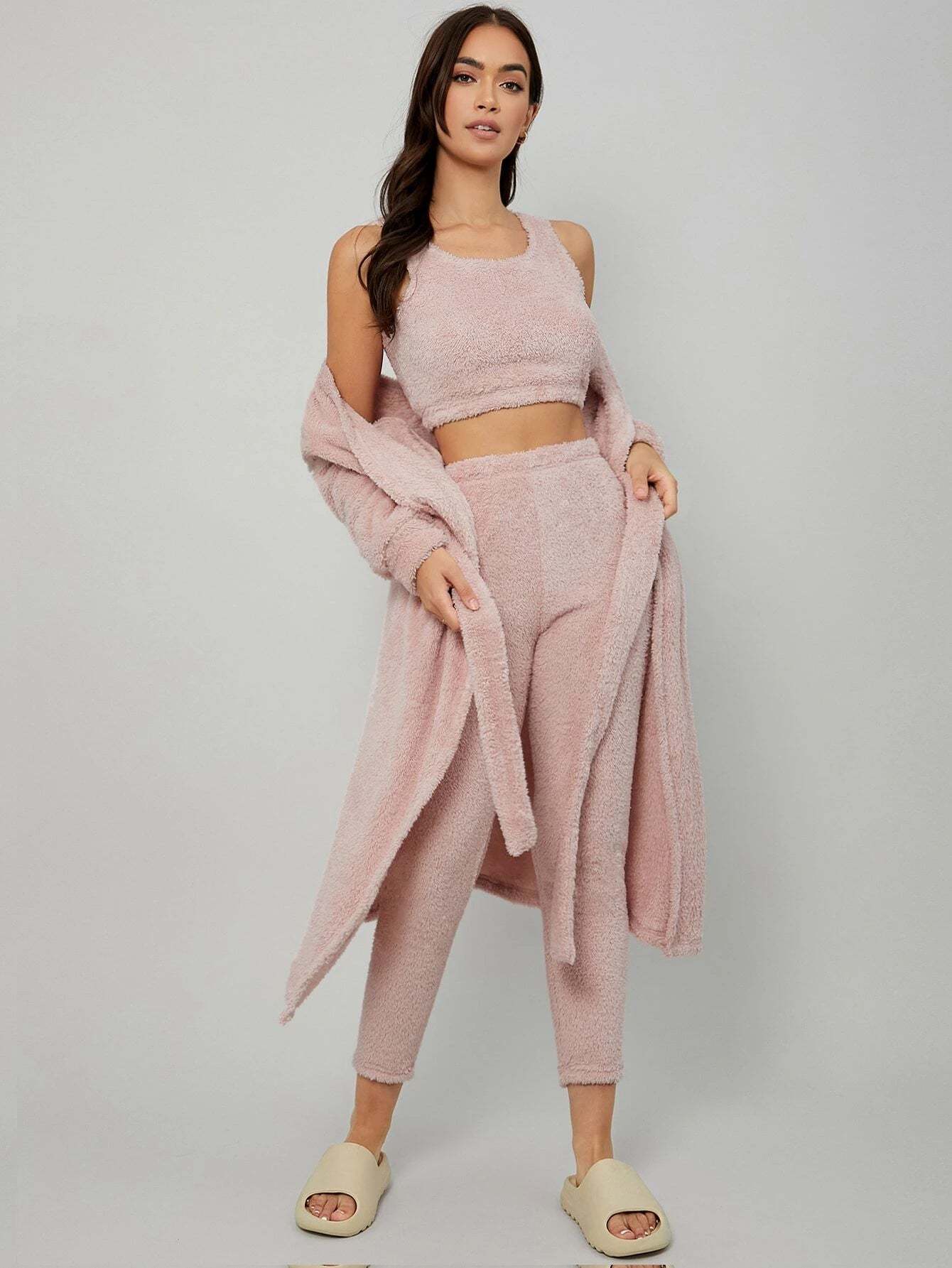 3 Pieces Drop Shoulder Belted Lounge Set-Cozy Knit Sets