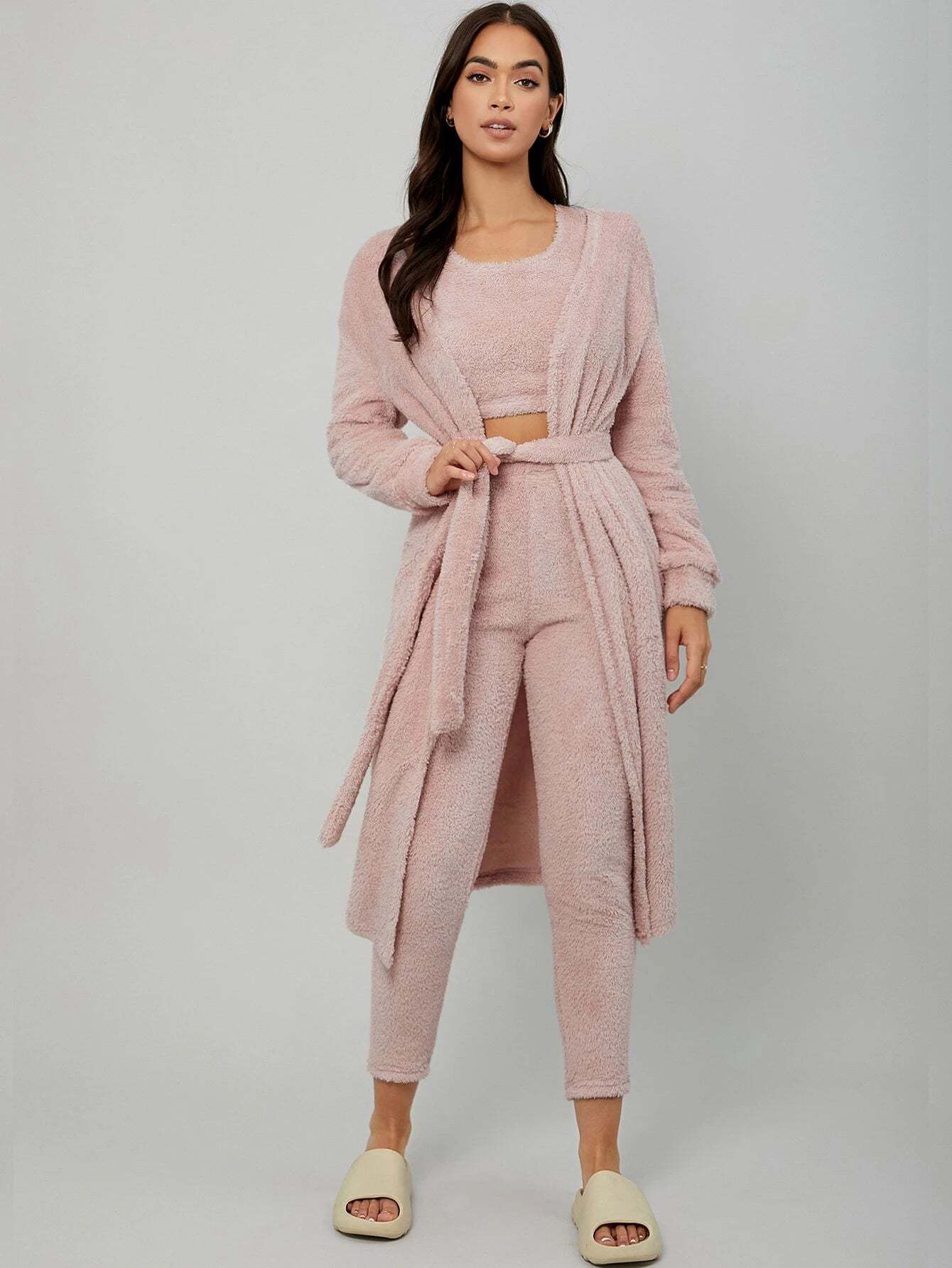 3 Pieces Drop Shoulder Belted Lounge Set-Cozy Knit Sets