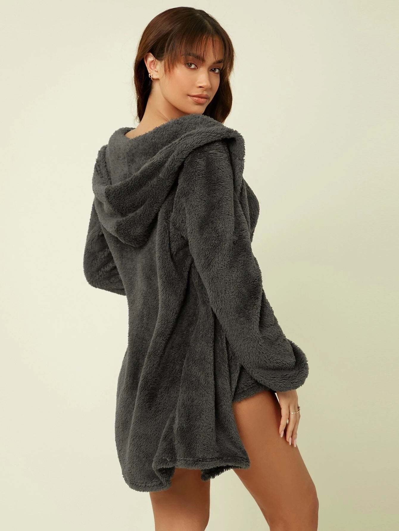 3 Pieces Tie Front Hooded Flannel Lounge Set-Cozy Knit Sets